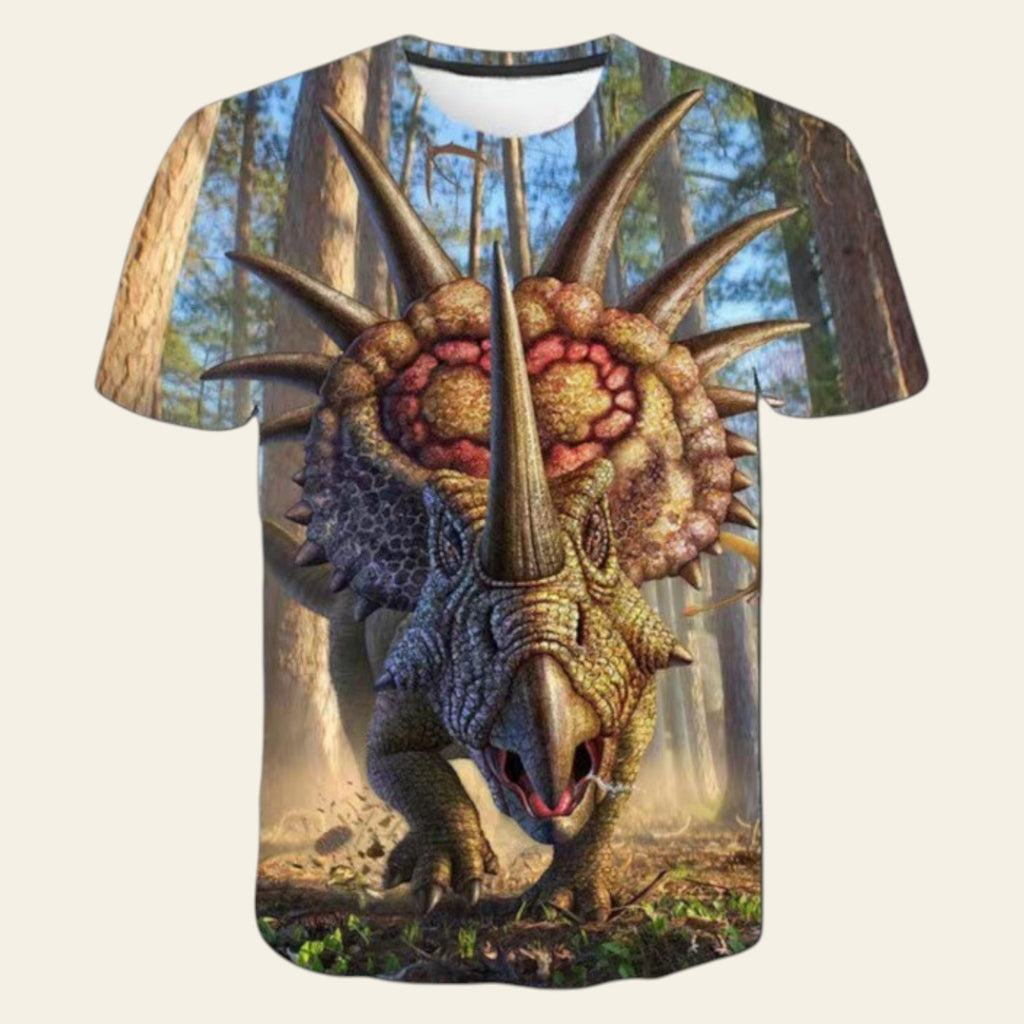 T-shirt with a dinosaur design in a forest setting