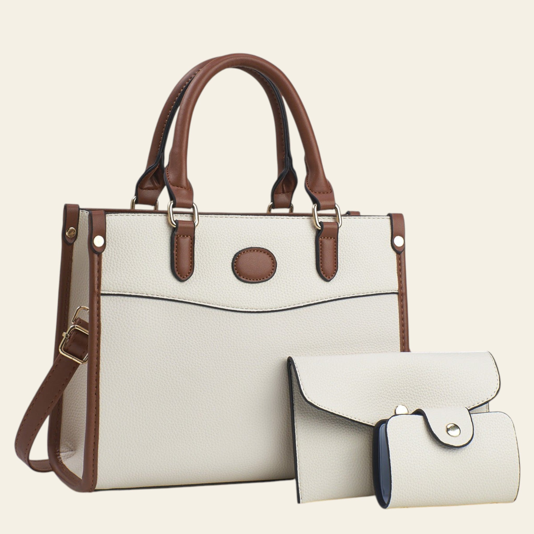 Beige handbag with brown handles and trim, accompanied by a matching pouch on a light background.