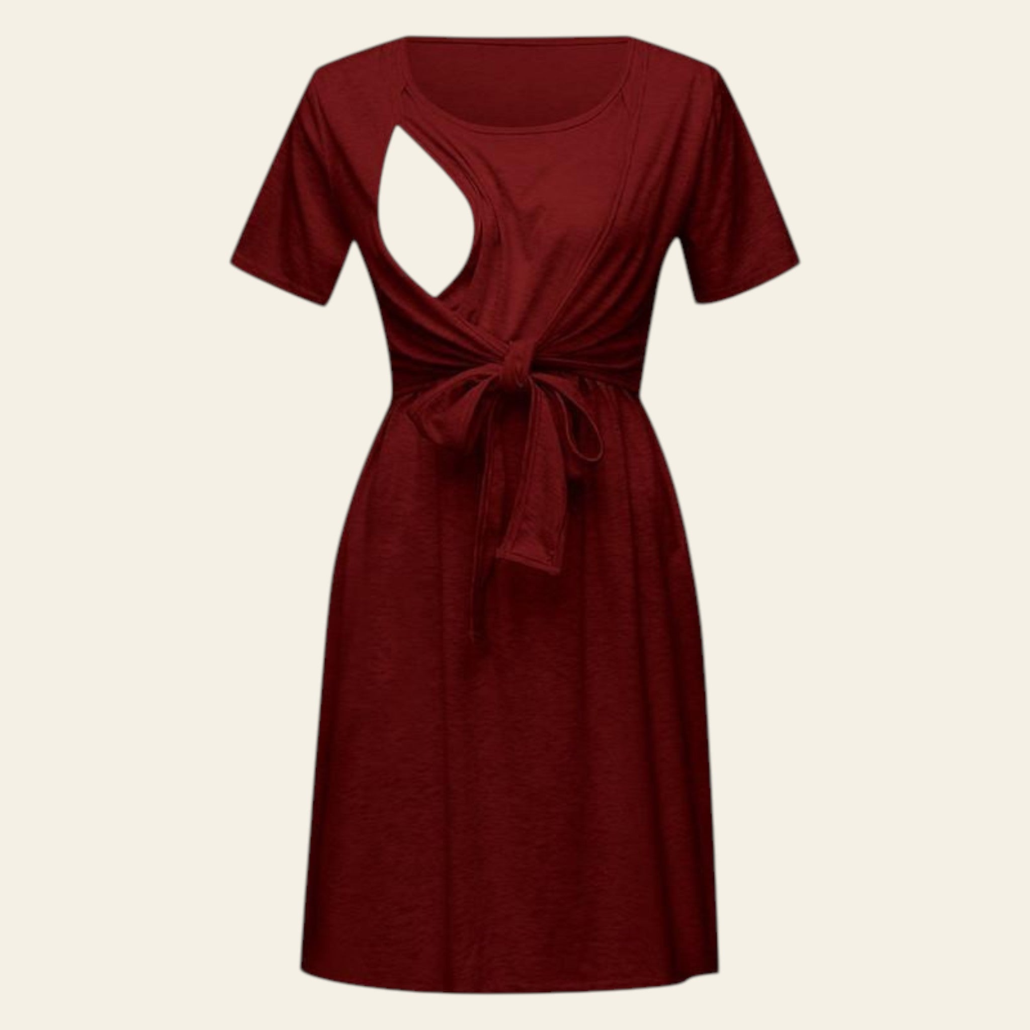 Red short sleeve casual dress with back cutout displayed flat on a white background