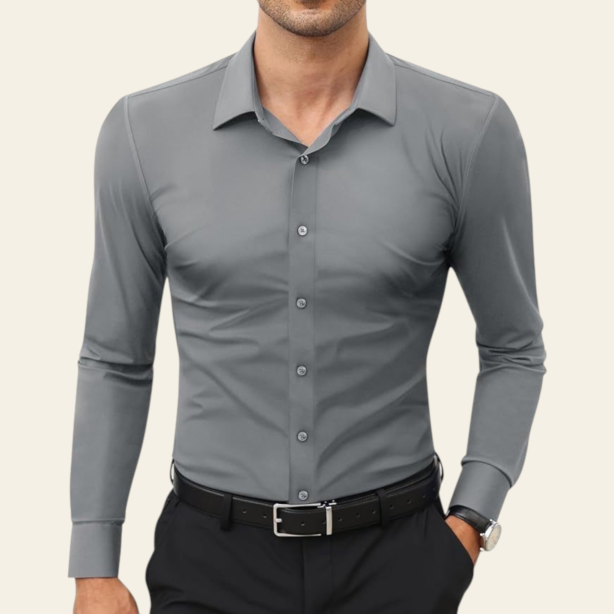 Man wearing a gray long sleeve men's shirt