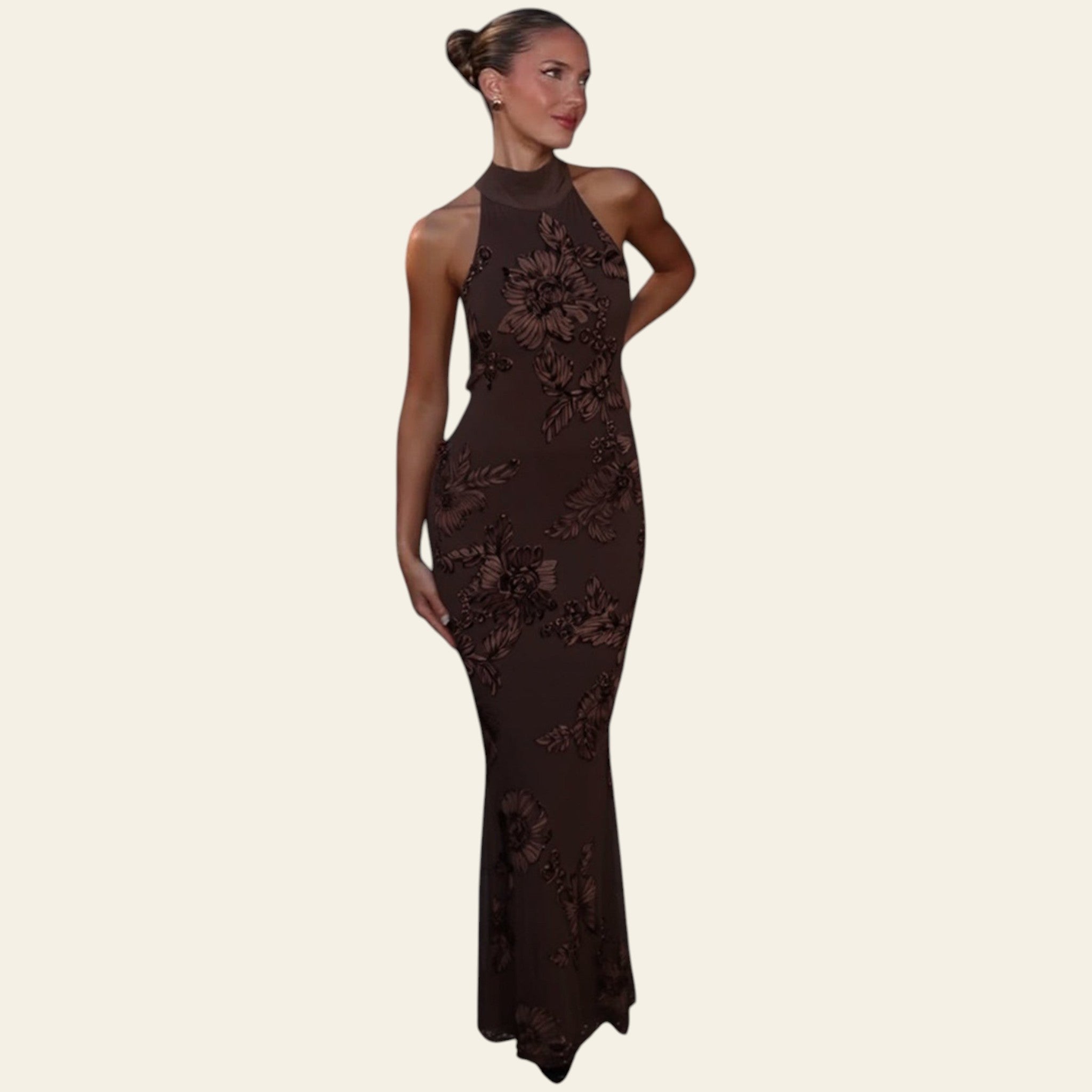 Sleeveless crew neck evening gown