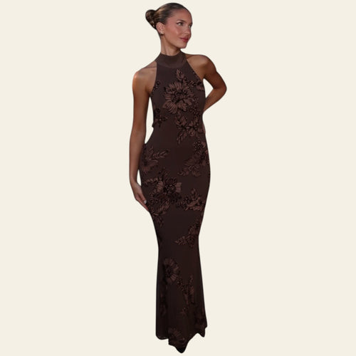 Sleeveless crew neck evening gown