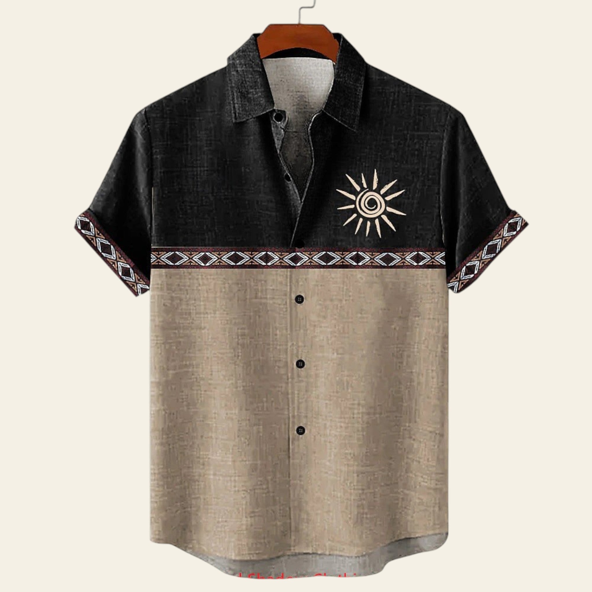 Short-sleeve shirt with sun design and patterned sleeves on a hanger against a white background.