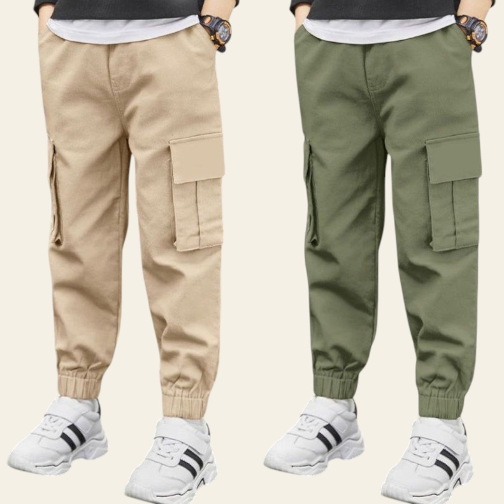 Two pairs of cargo pants, one beige and one green, worn by models on a street.