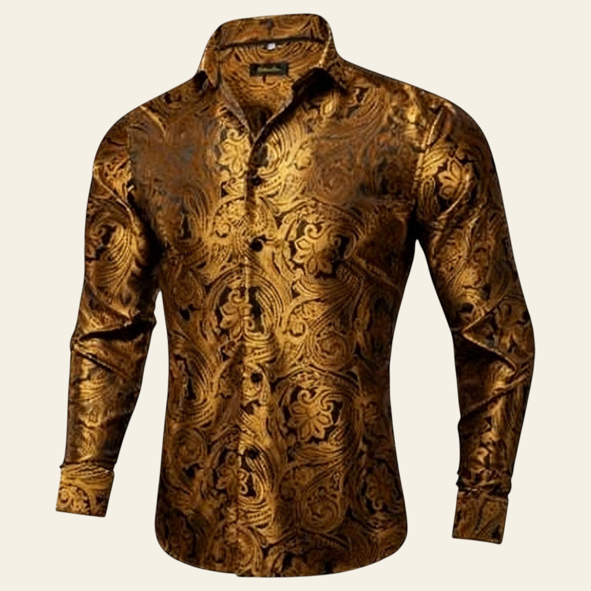 Gold patterned shirt on a white background