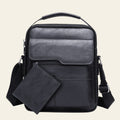 Black leather backpack with a smaller black pouch on a white background