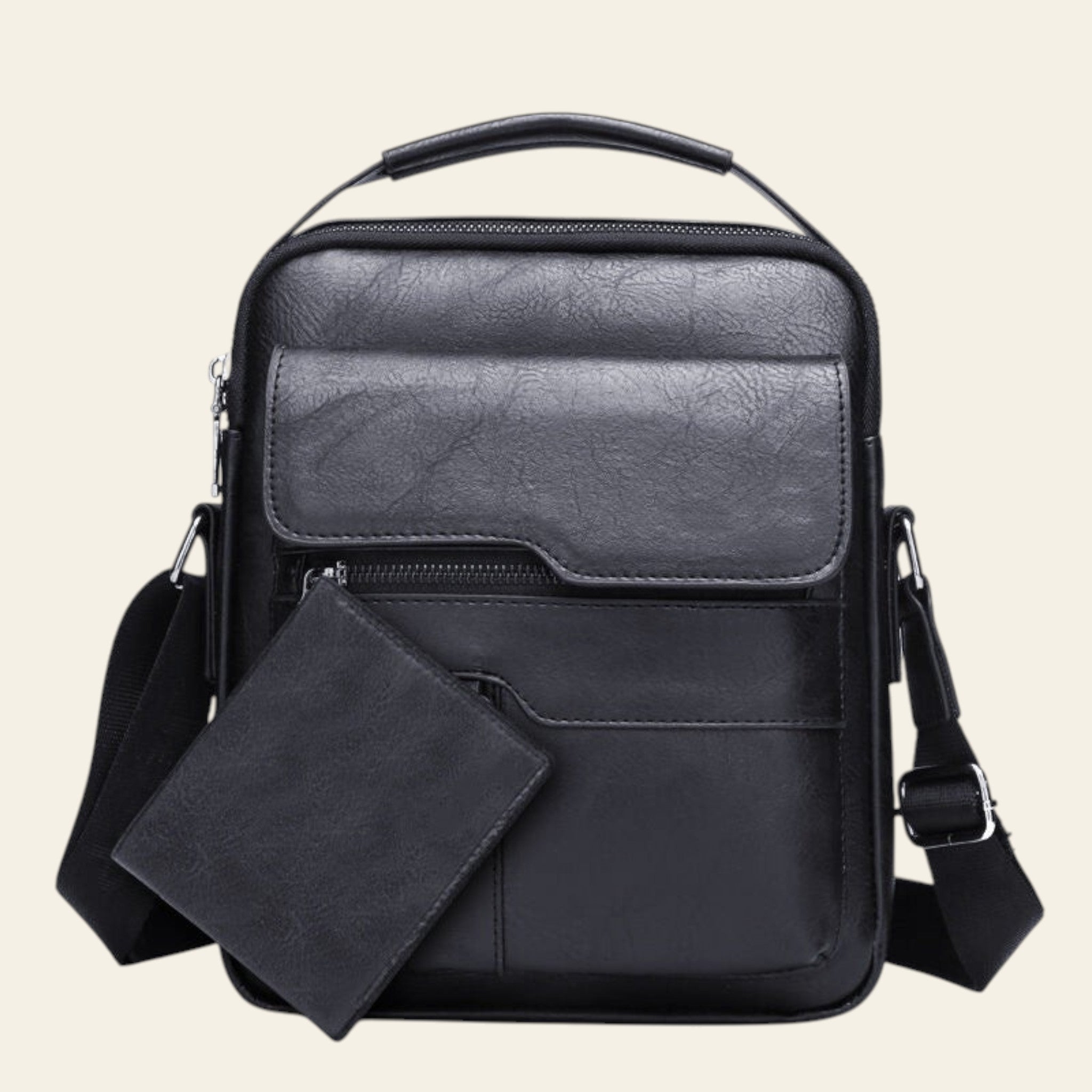 Black leather backpack with a smaller black pouch on a white background