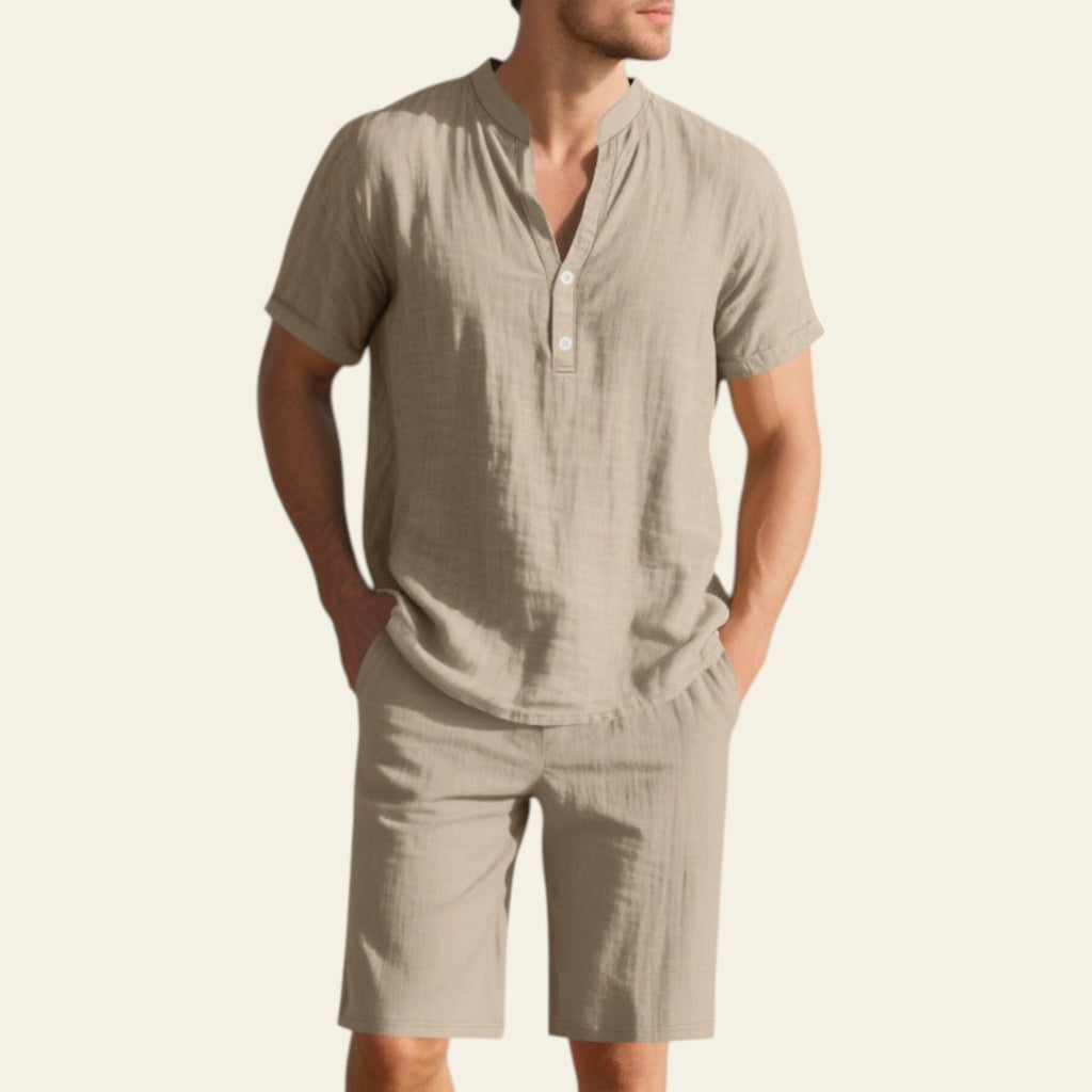Man wearing a light khaki linen casual men's set
