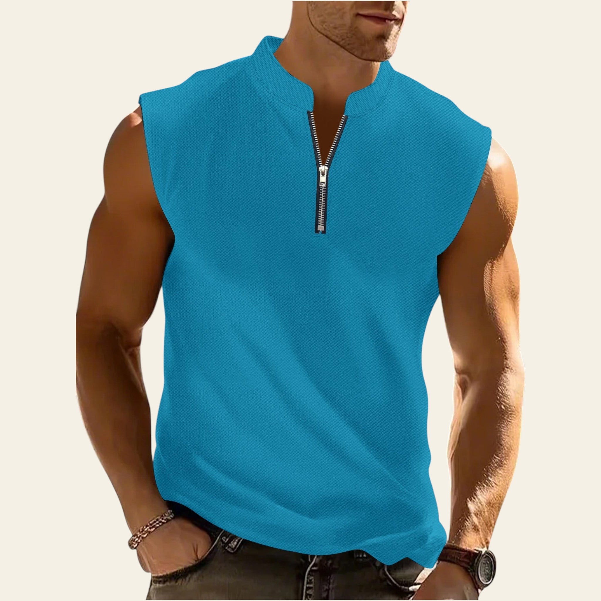 Men sleeveless workout t-shirt in peacock blue color