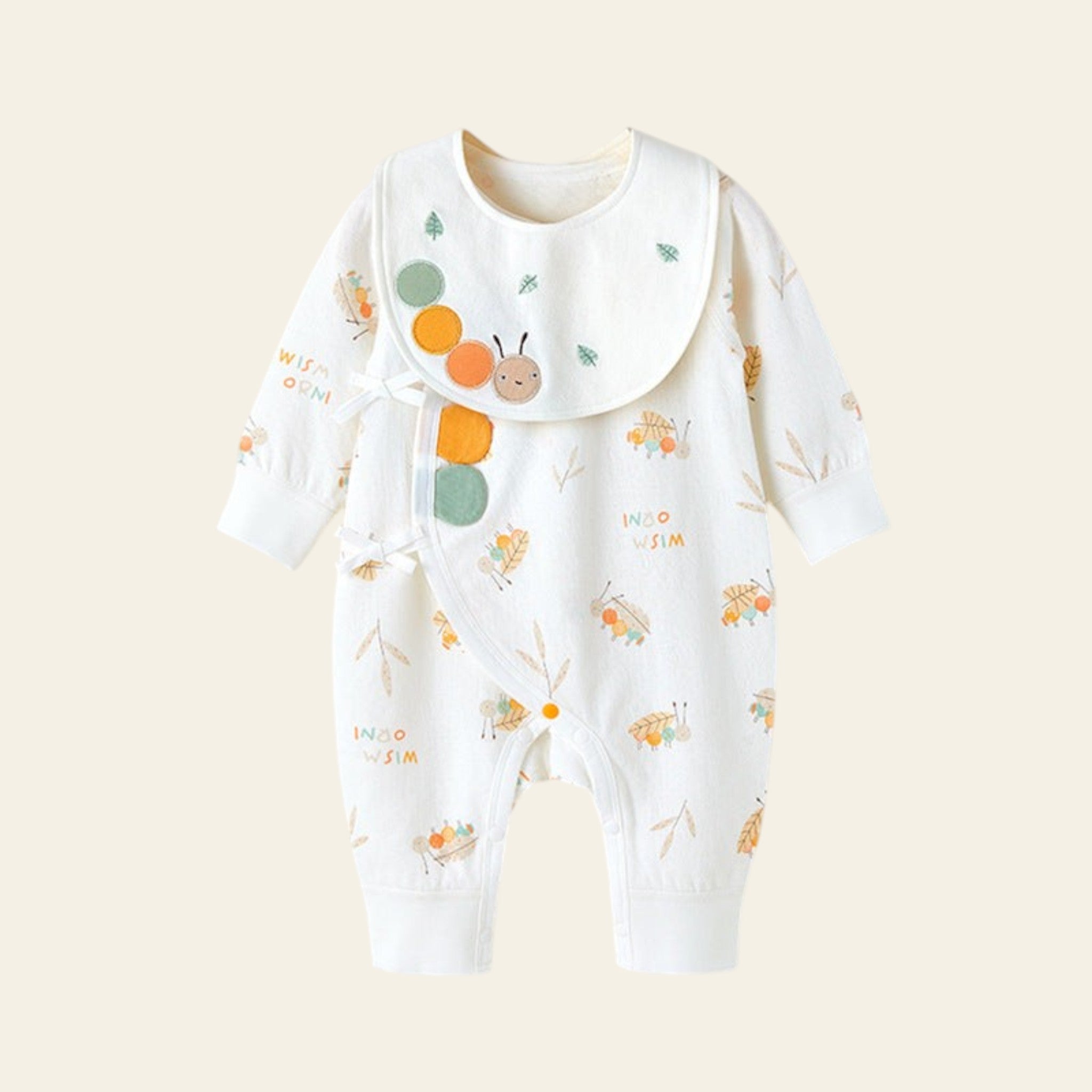 Baby romper with colorful insect pattern on a white background