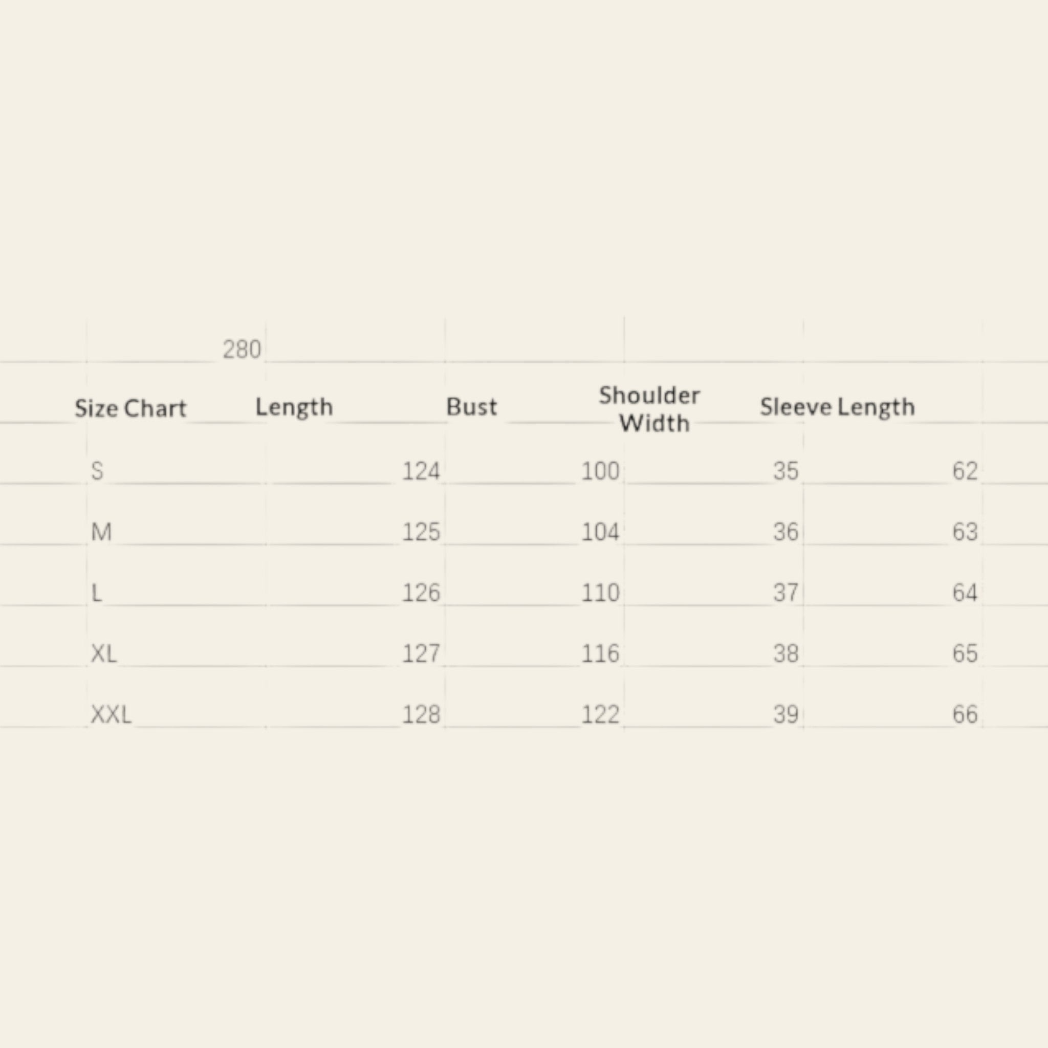 women's dress size chart showing measurements for S to XL including length, bust, shoulder width, and sleeve length