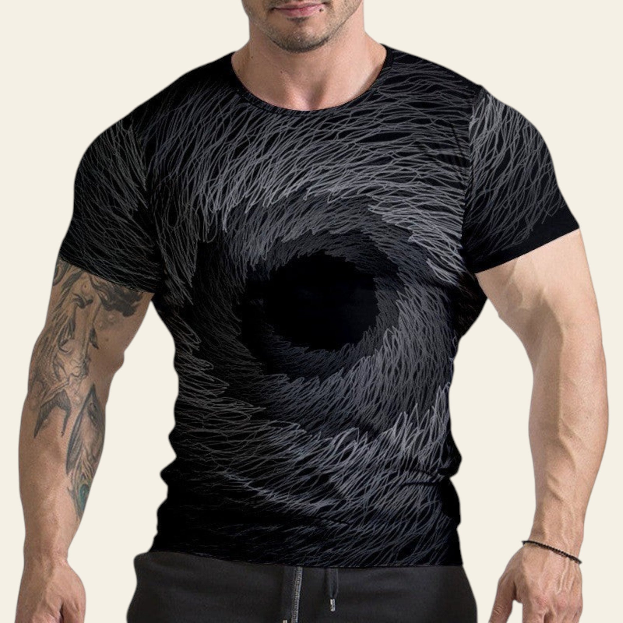 Man wearing a black t-shirt with a unique design on a white background