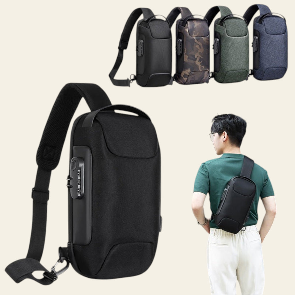 Black shoulder bag with multiple color options and a person wearing it.