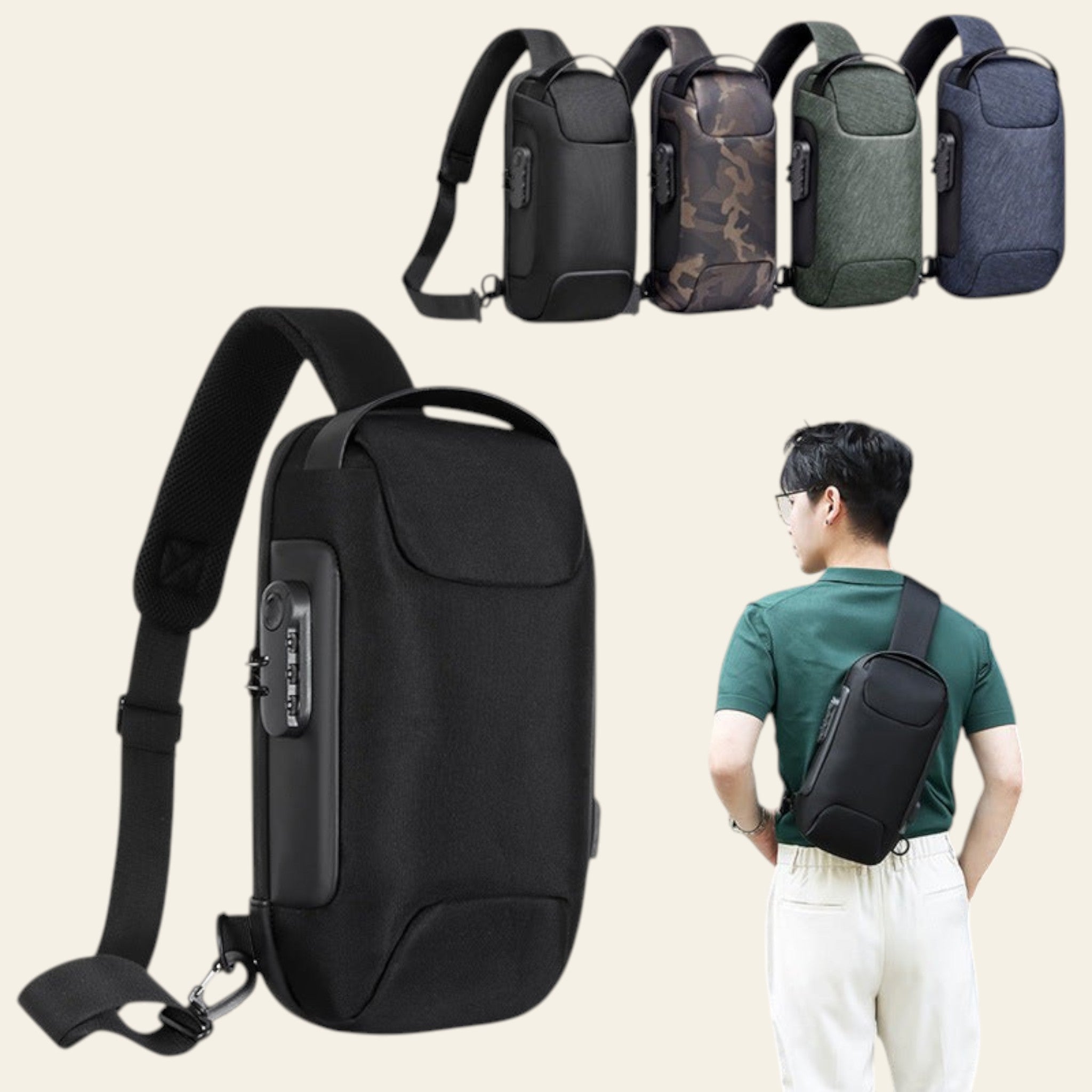 Black shoulder bag with multiple color options and a person wearing it.