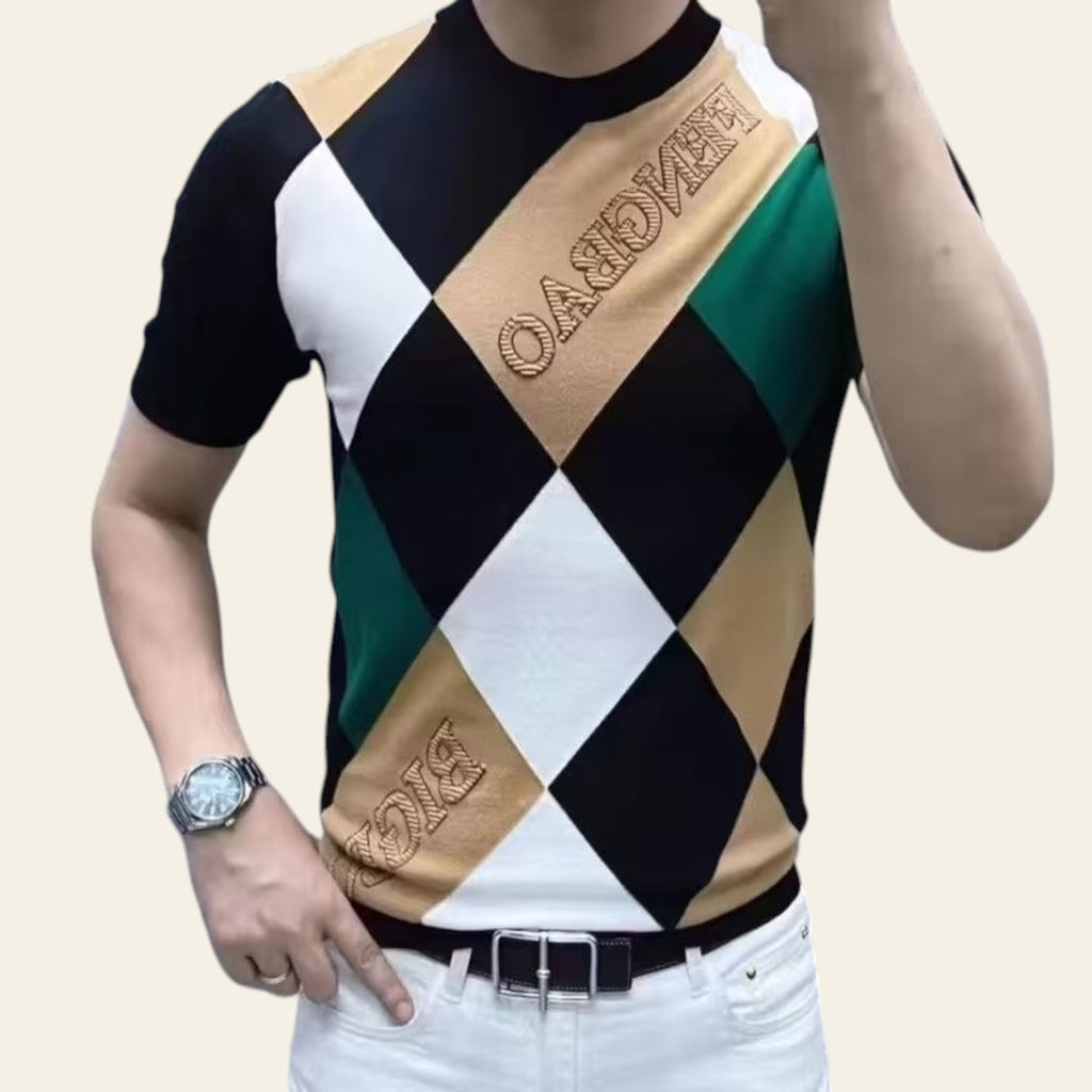 Man wearing a khaki checked short sleeve ice silk t-shirt