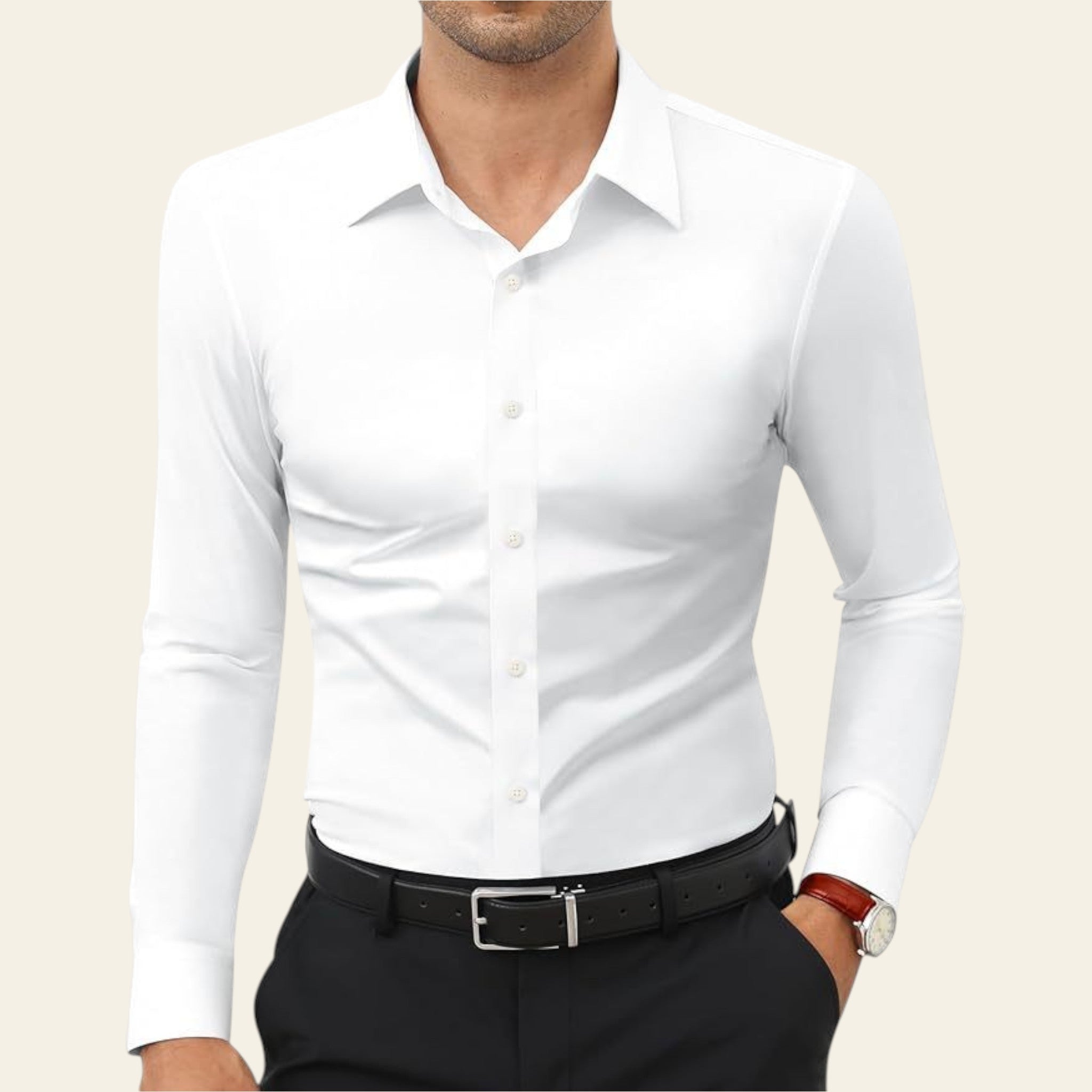 Man wearing a white long sleeve men's shirt