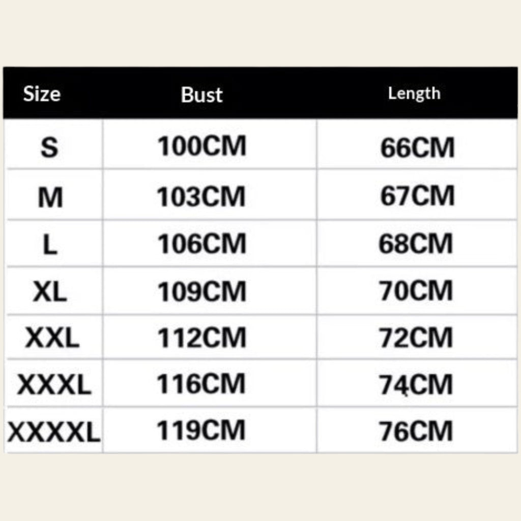 Men's shirt size chart showing bust and length measurements (S to XXXXL)