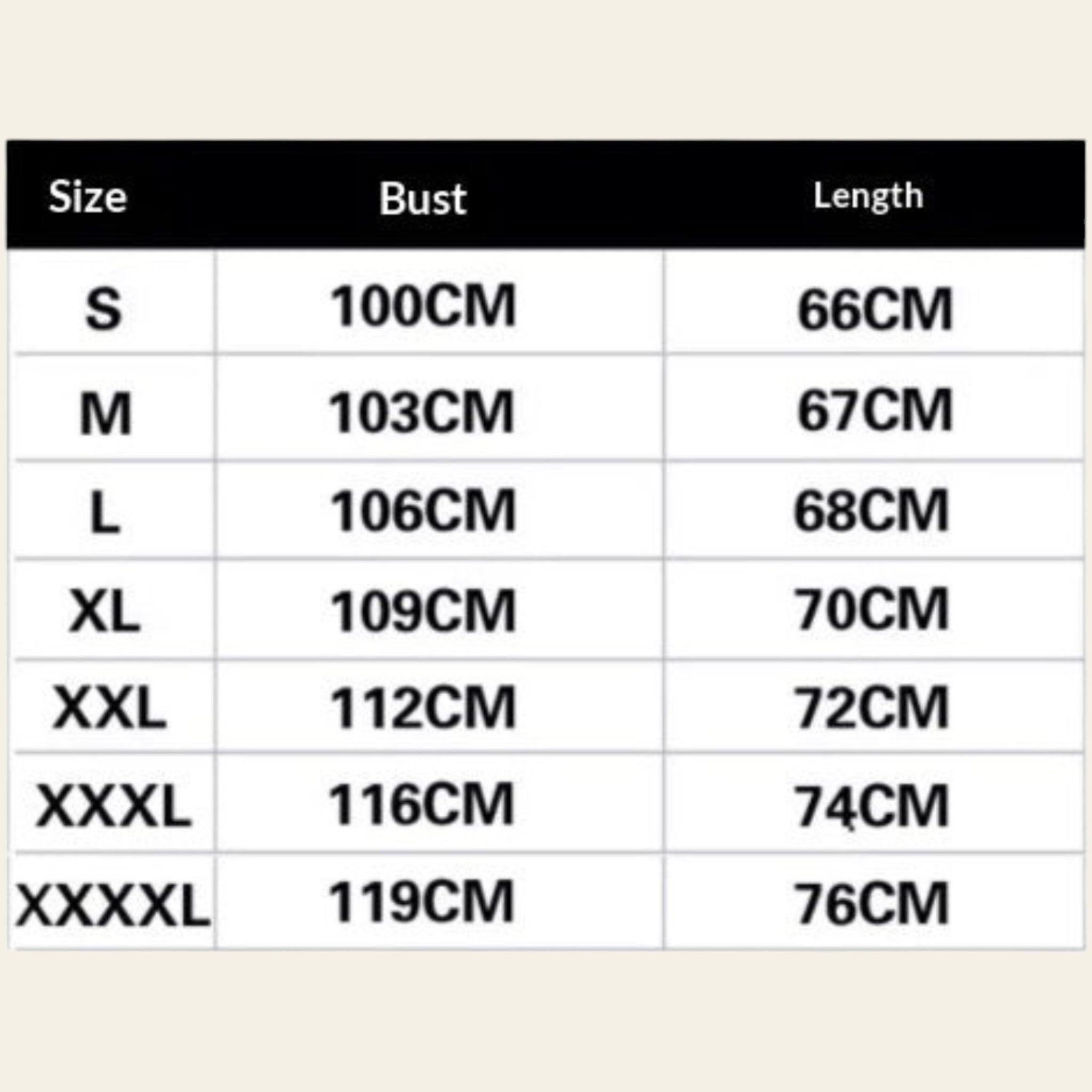 Men's shirt size chart showing bust and length measurements (S to XXXXL)