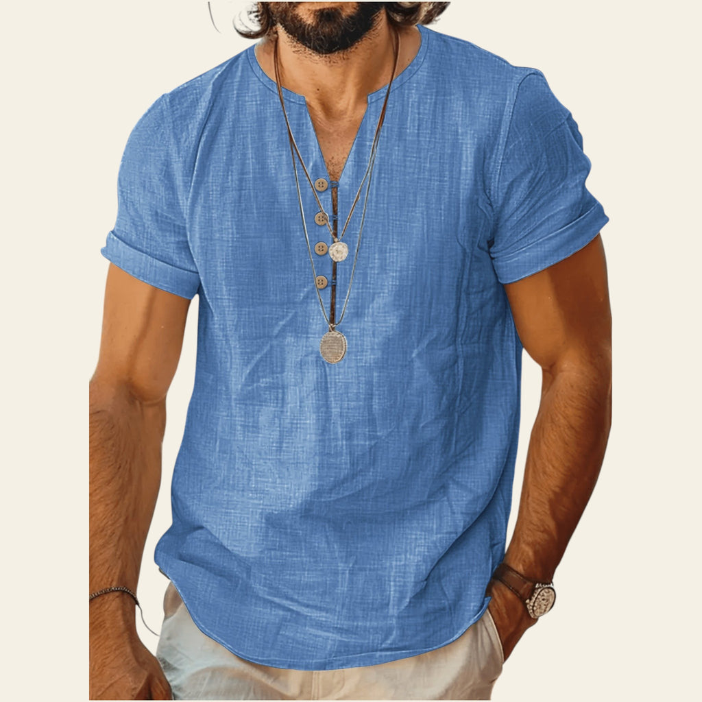 Man wearing a lightweight short sleeve cotton top in Dodger Blue