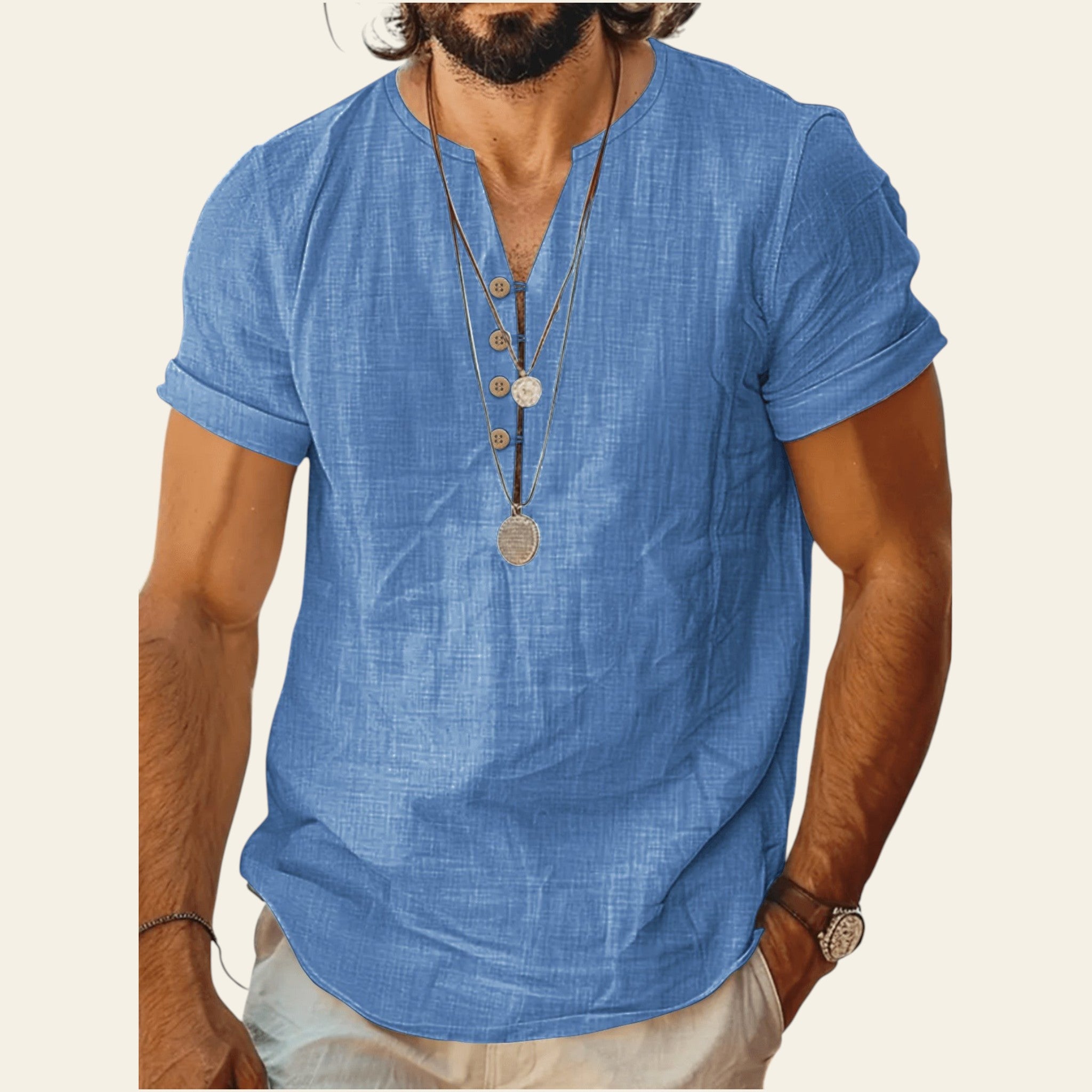 Man wearing a lightweight short sleeve cotton top in Dodger Blue