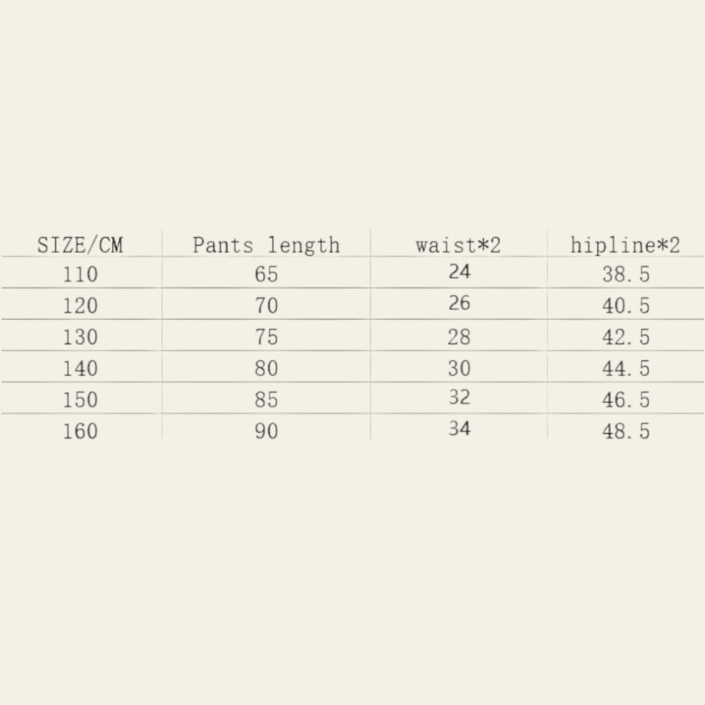 Table displaying pants length, waist measurement, and hip measurement for various sizes.