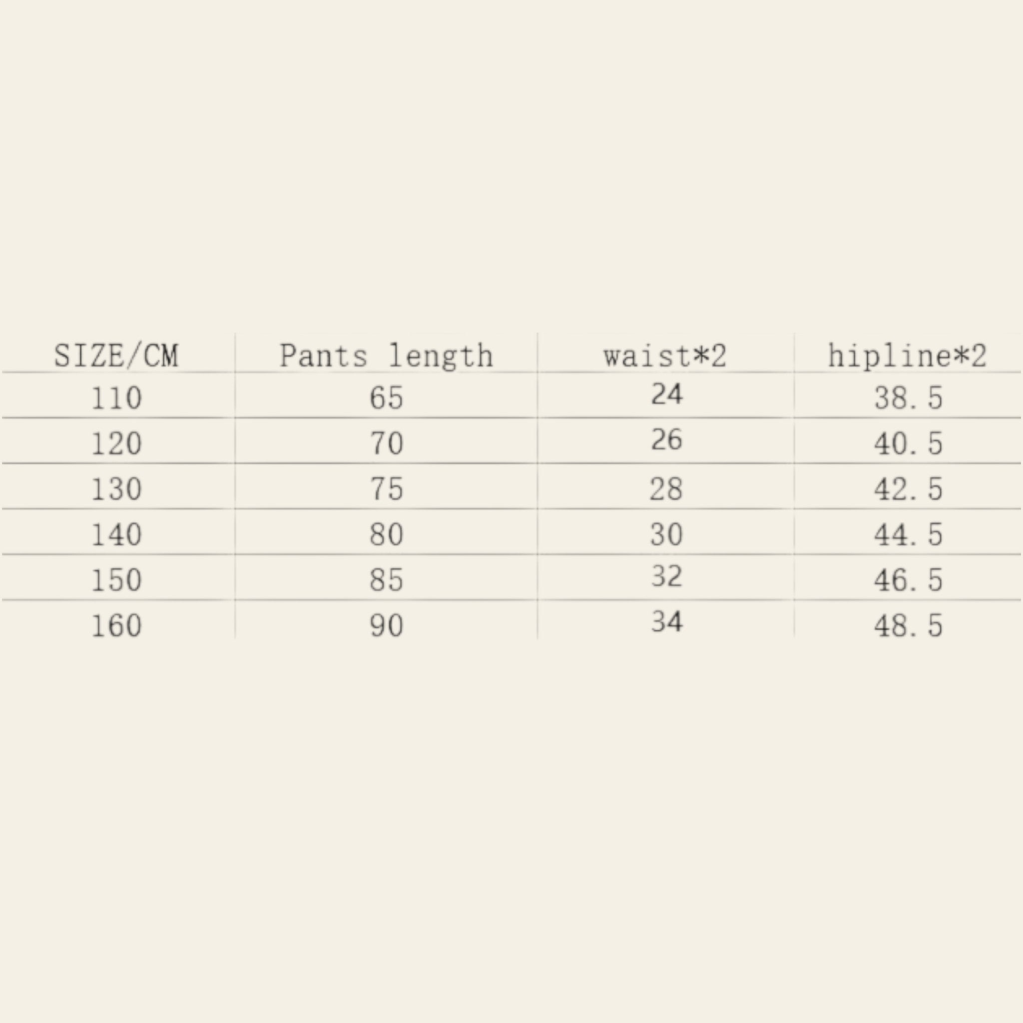 Table displaying pants length, waist measurement, and hip measurement for various sizes.