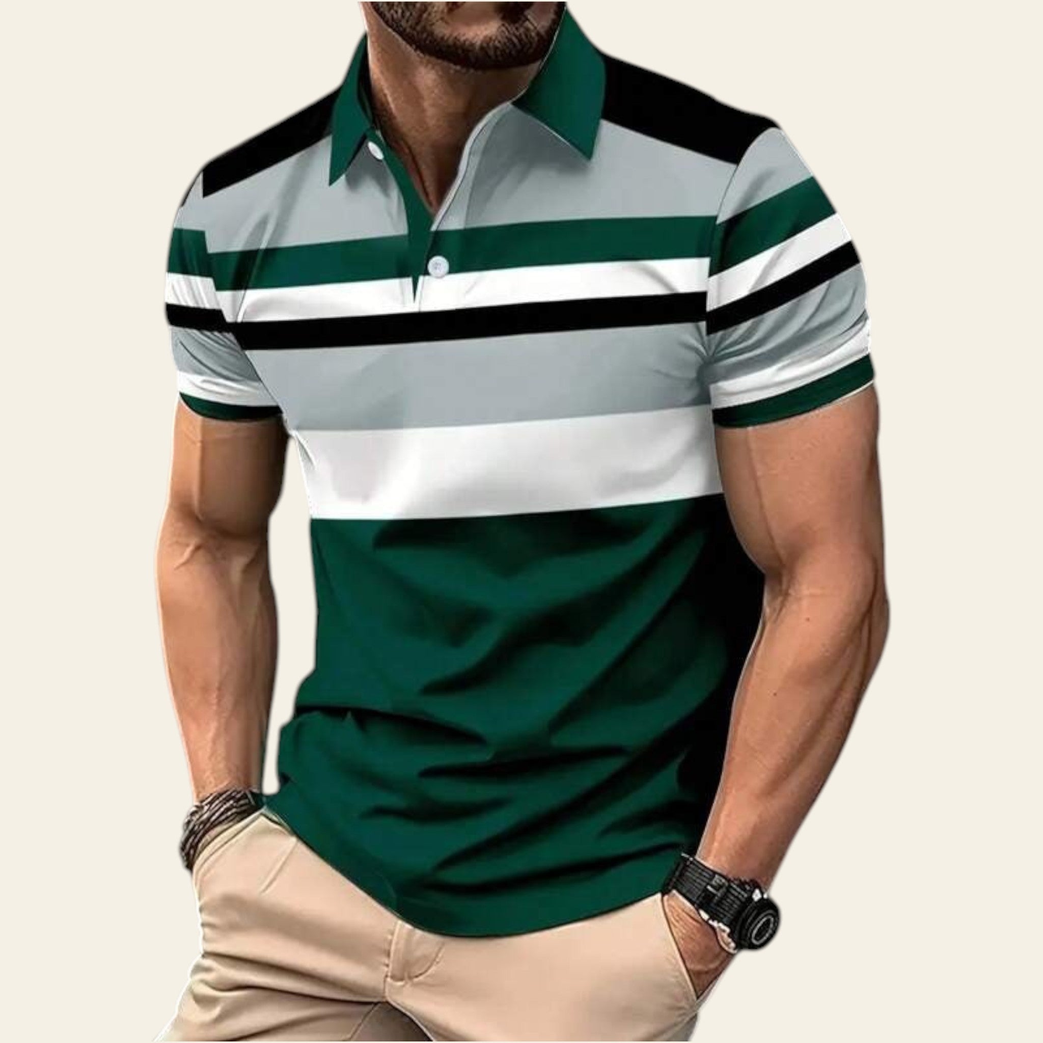 Man wearing a green polo shirt with white and black stripes