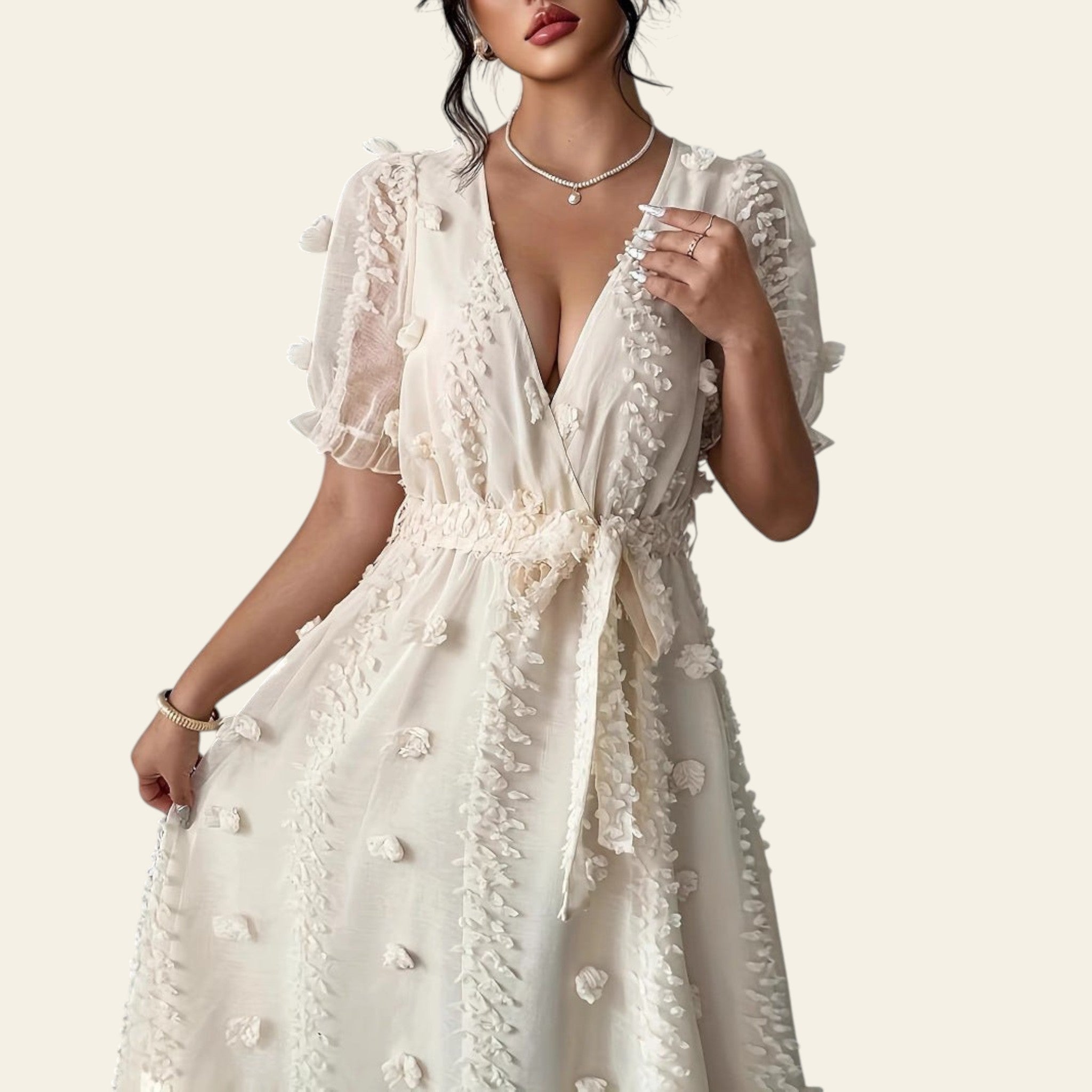 Side view of embroidered halter neck backless split maxi dress on model