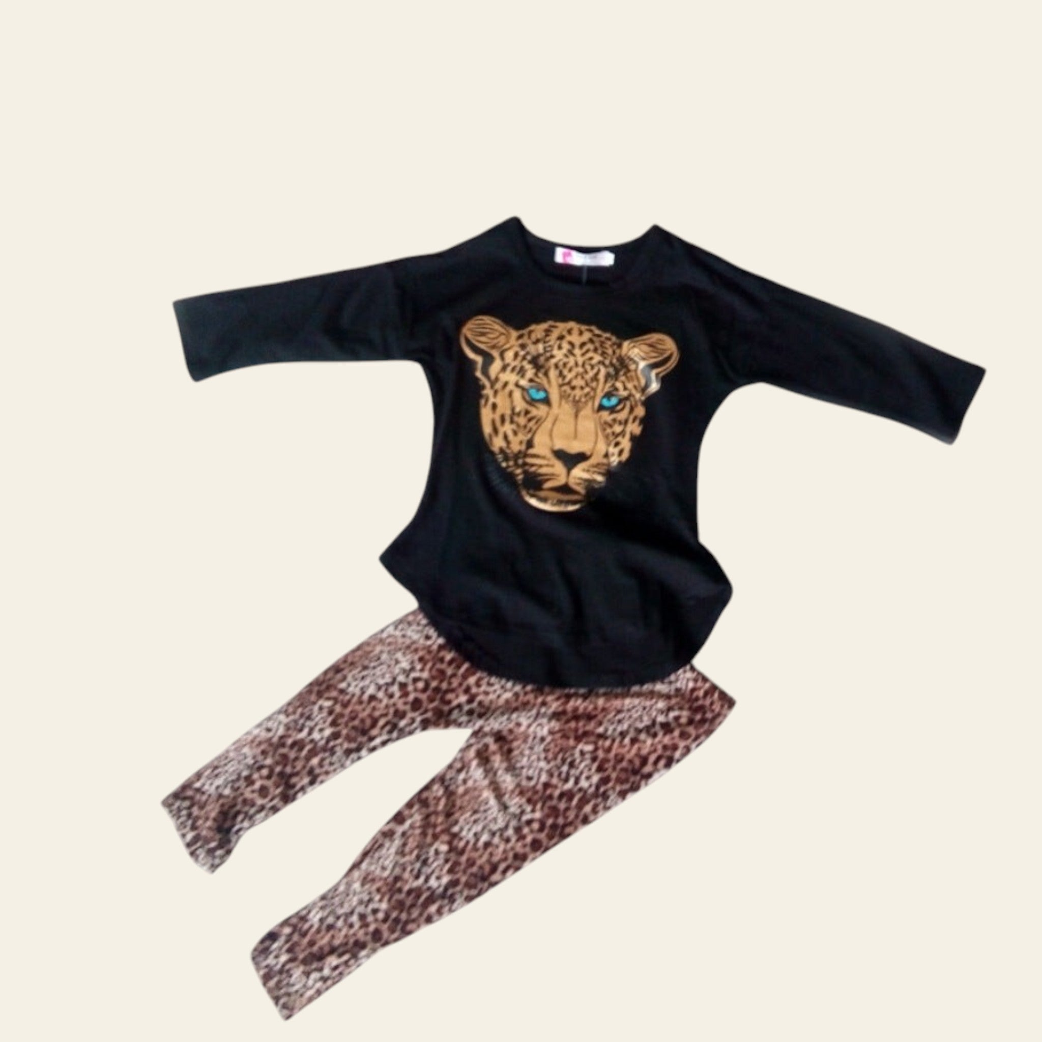 Black long-sleeve top with leopard print and matching pants on a light gray background.