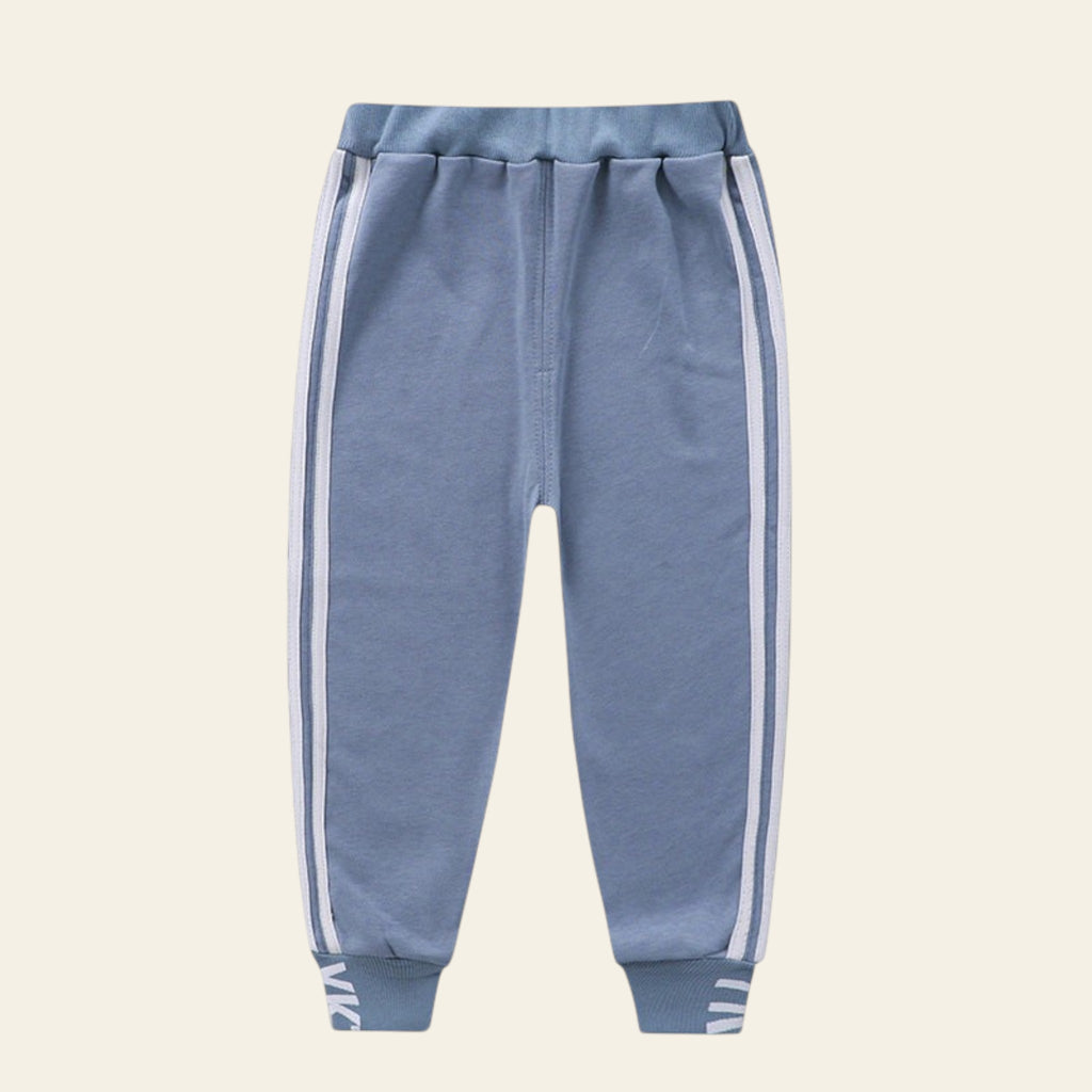 Blue sweatpants with white stripes on a white background