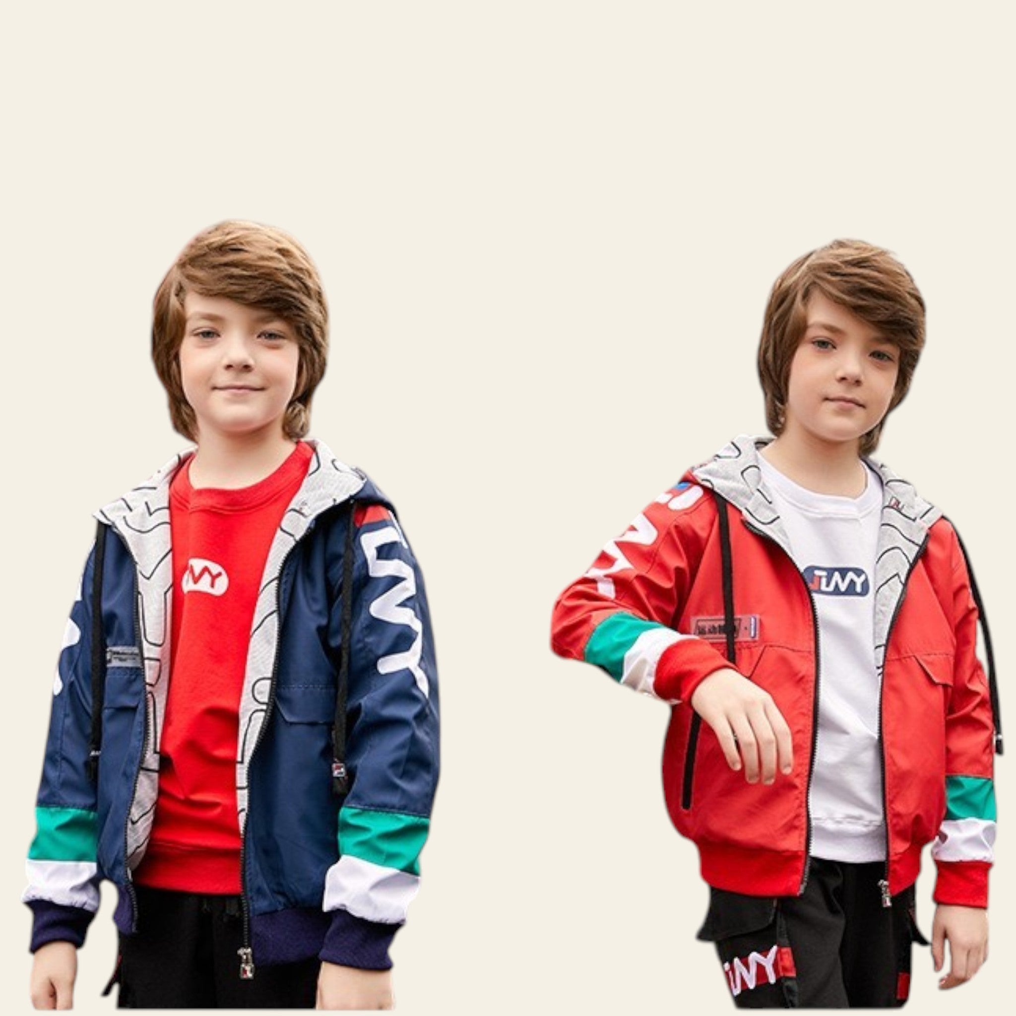 Two images of a young boy wearing a colorful jacket with brand logos.