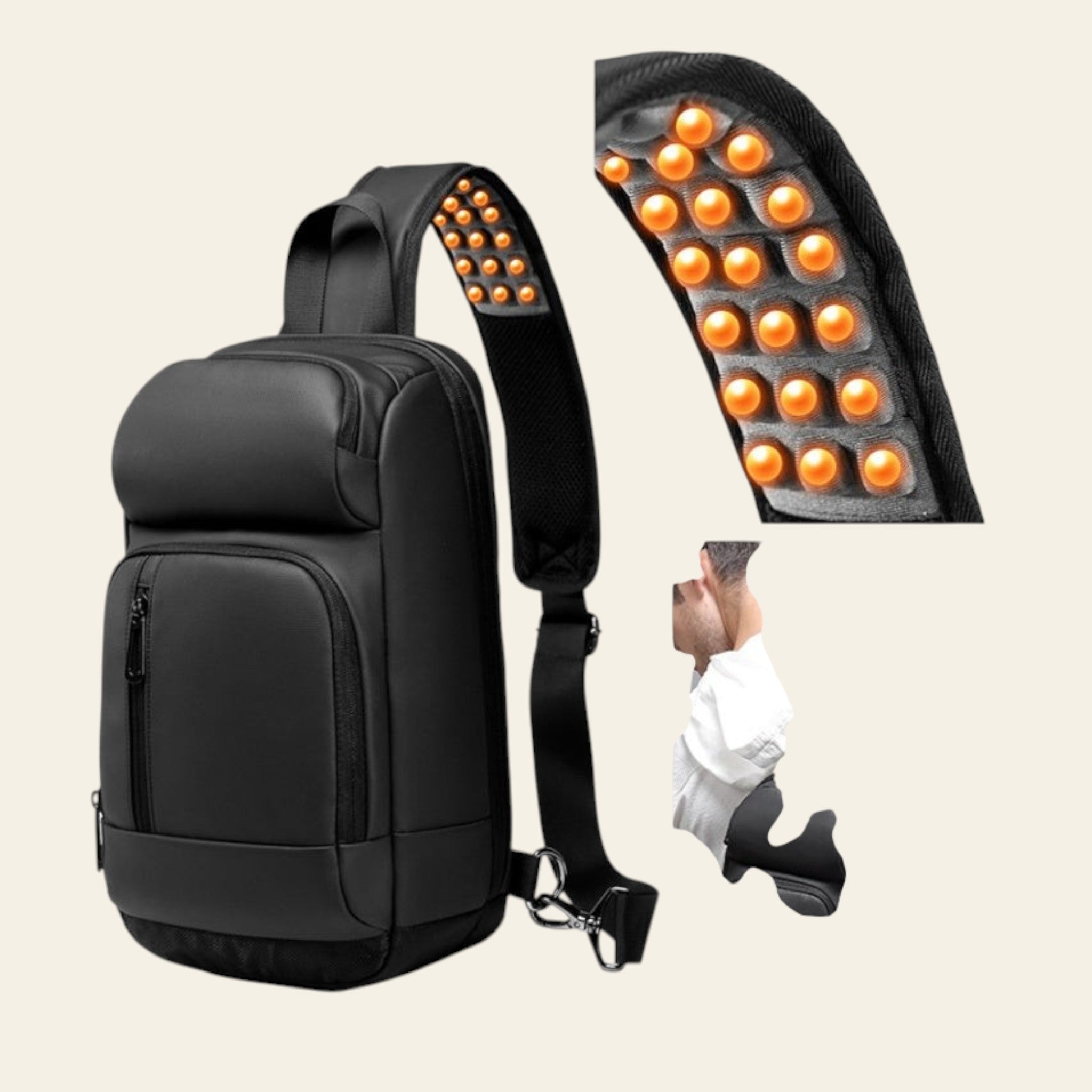 Black backpack with orange heating elements on a white background