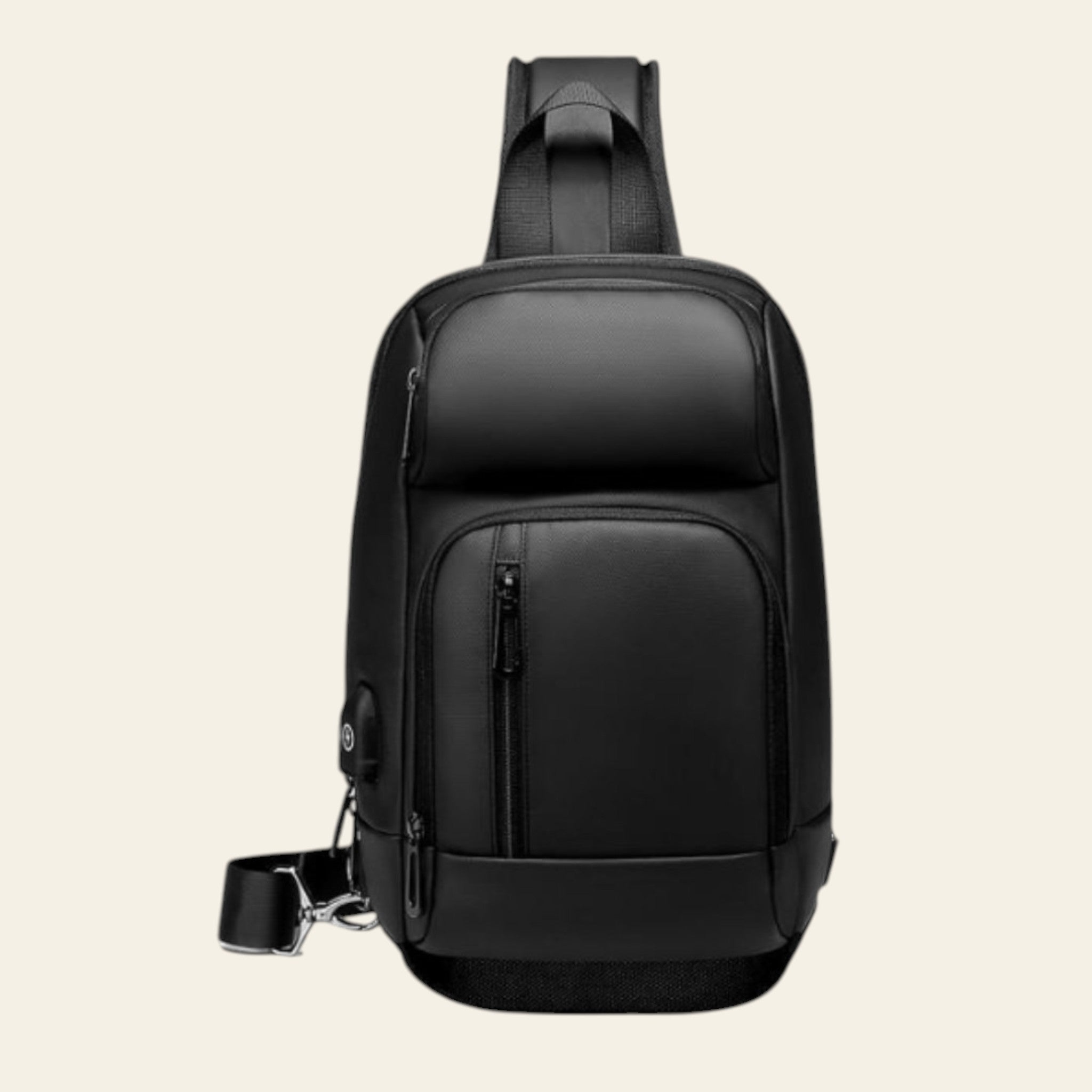 Black sling bag on a white background