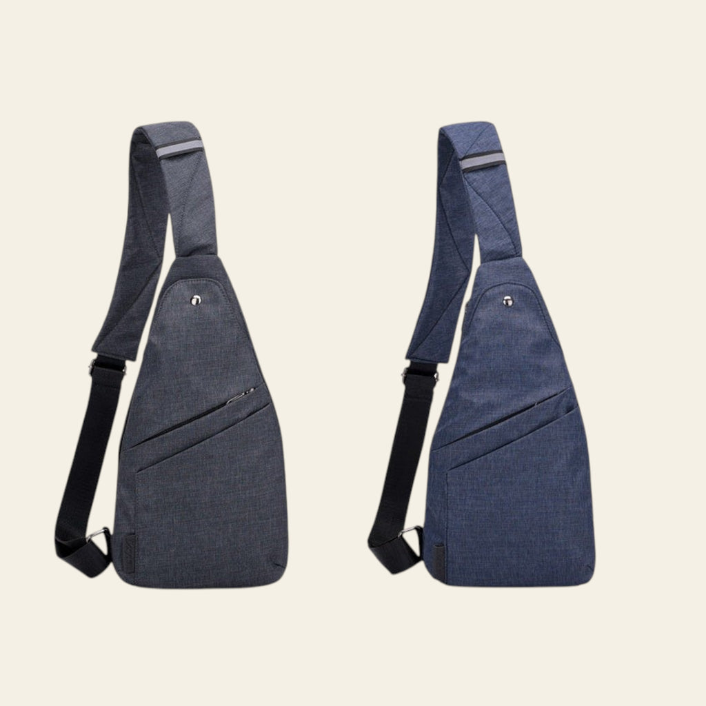 Two views of a blue sling bag on a white background