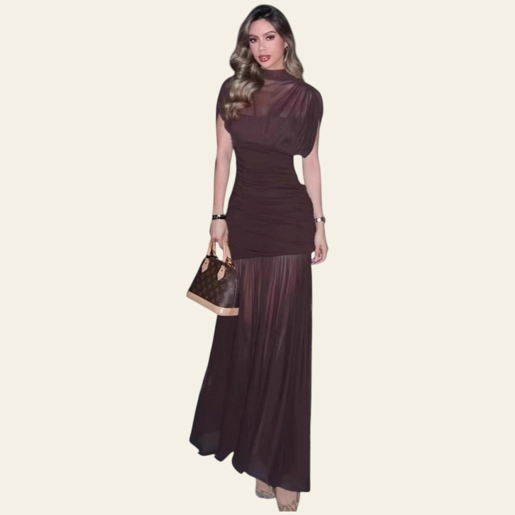 Brown mesh patchwork maxi dress on model (night)