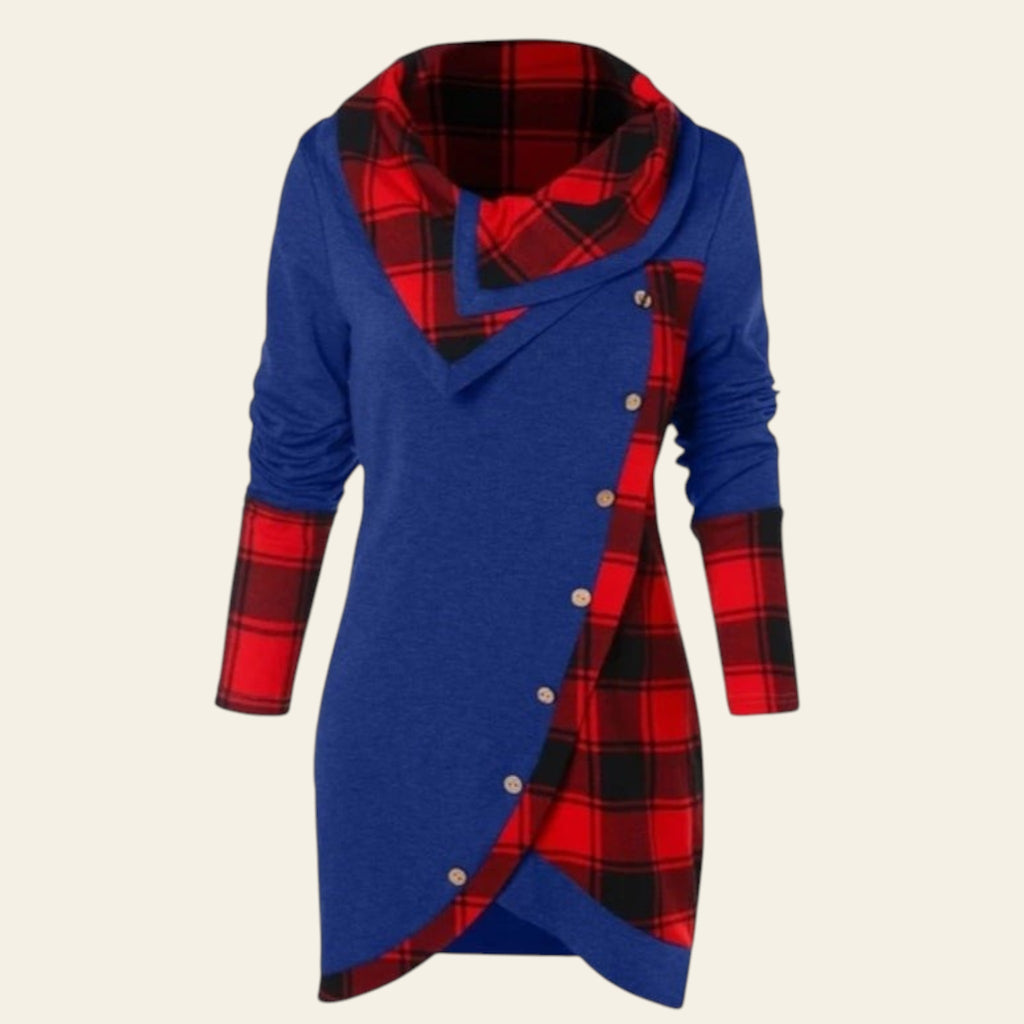 Blue and red plaid dress with a hood on a white background