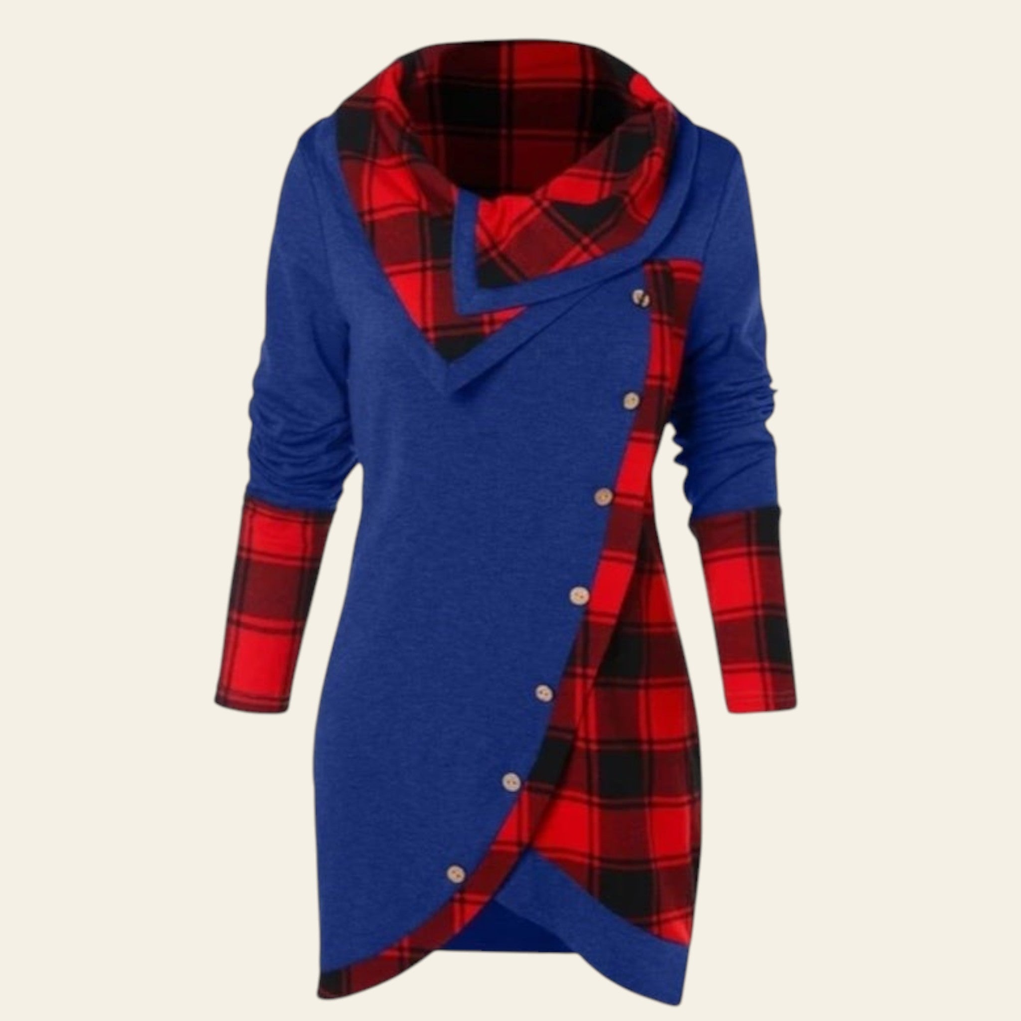 Blue and red plaid dress with a hood on a white background