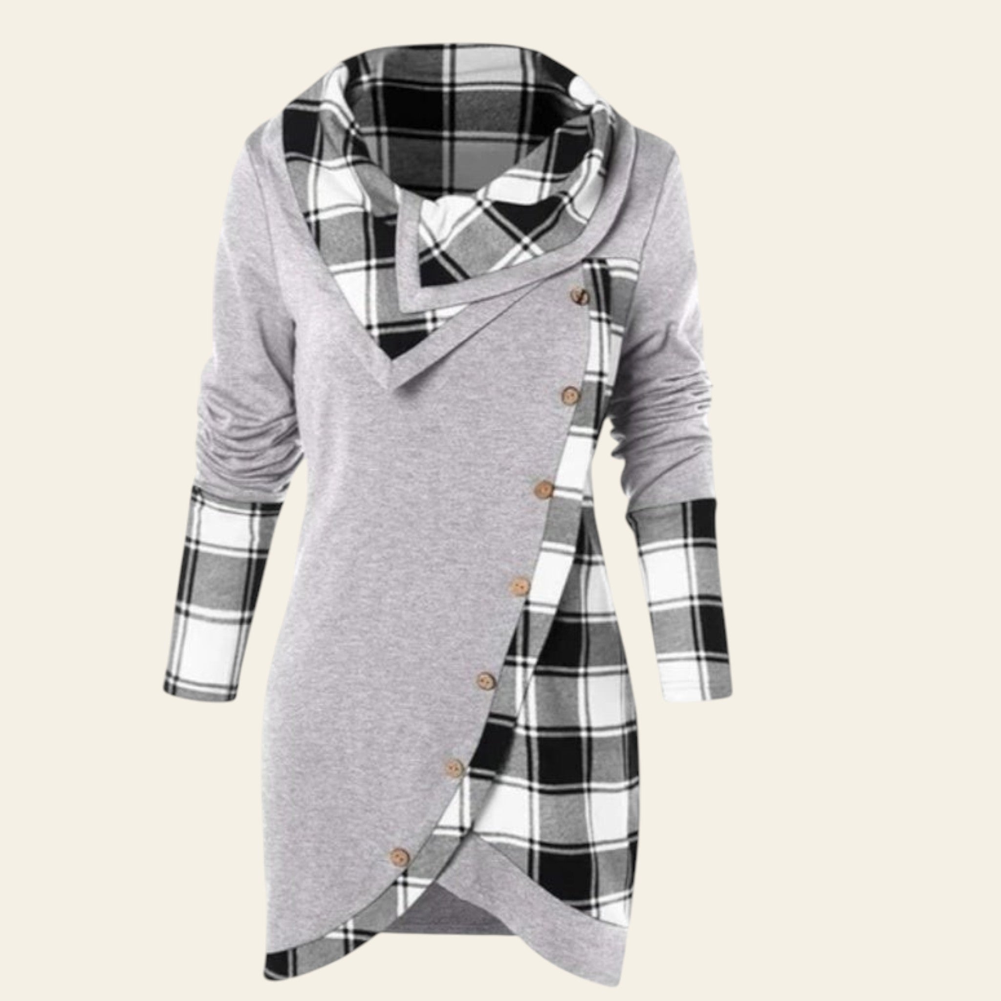 Gray sweater with plaid pattern on a white background