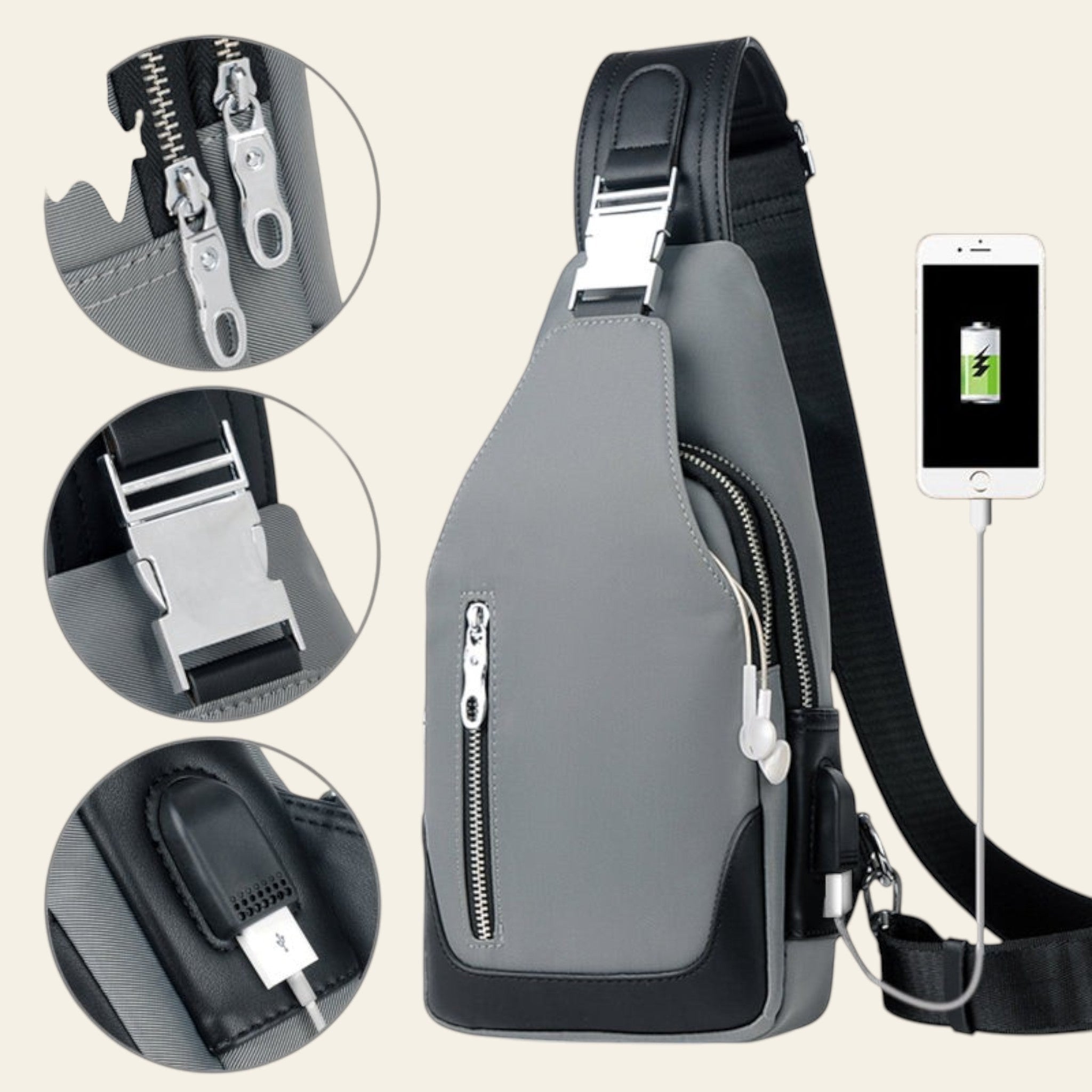 Gray sling bag with USB port and close-up details on a white background