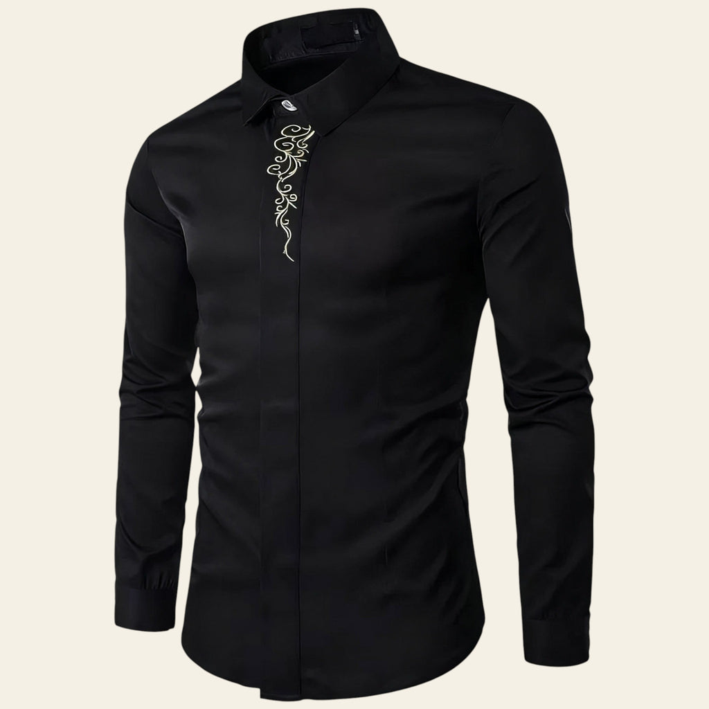 Black shirt with floral embroidery on a white background