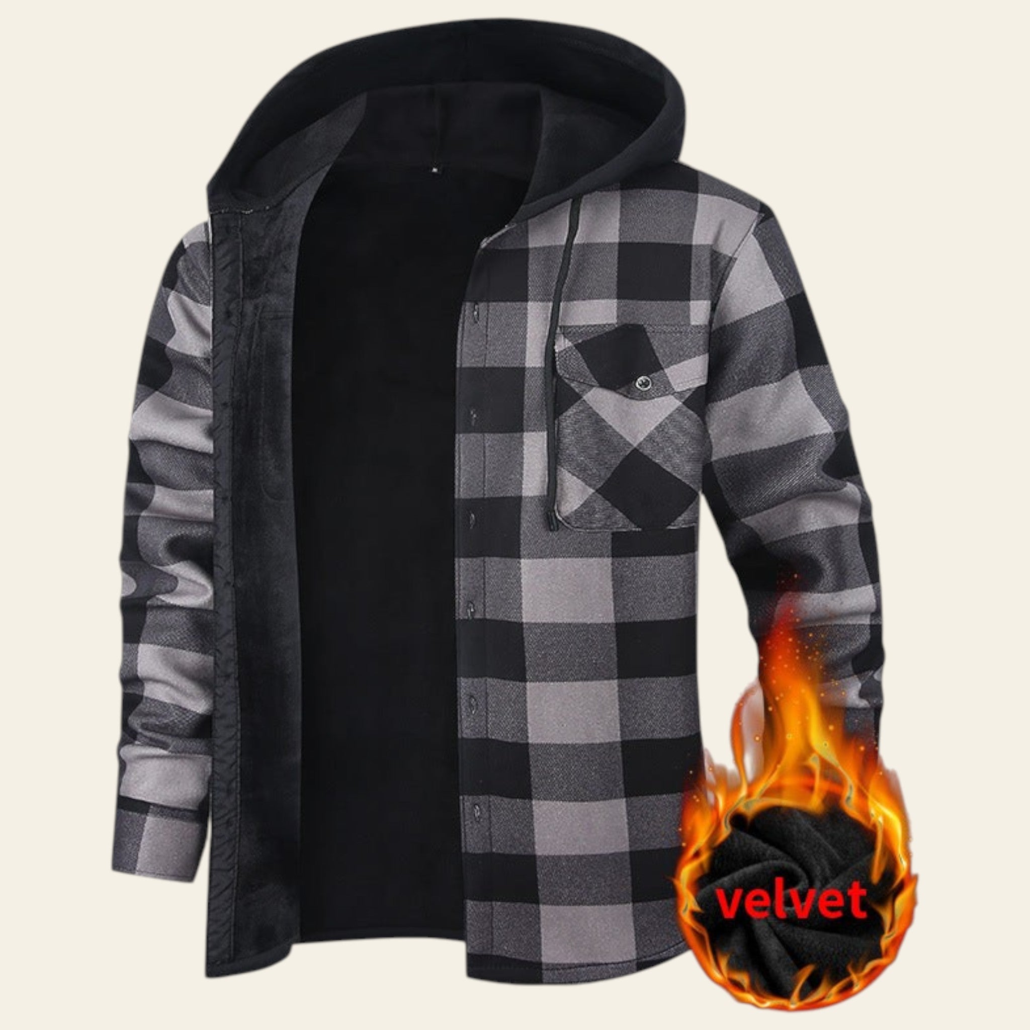 Black and grey plaid hooded jacket with flame graphic