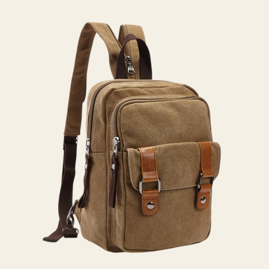 Brown backpack with leather straps on a white background