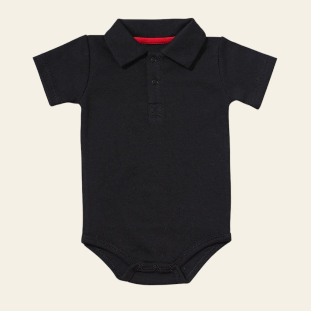 Black baby onesie with a collar on a white background