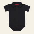 Black baby onesie with a collar on a white background