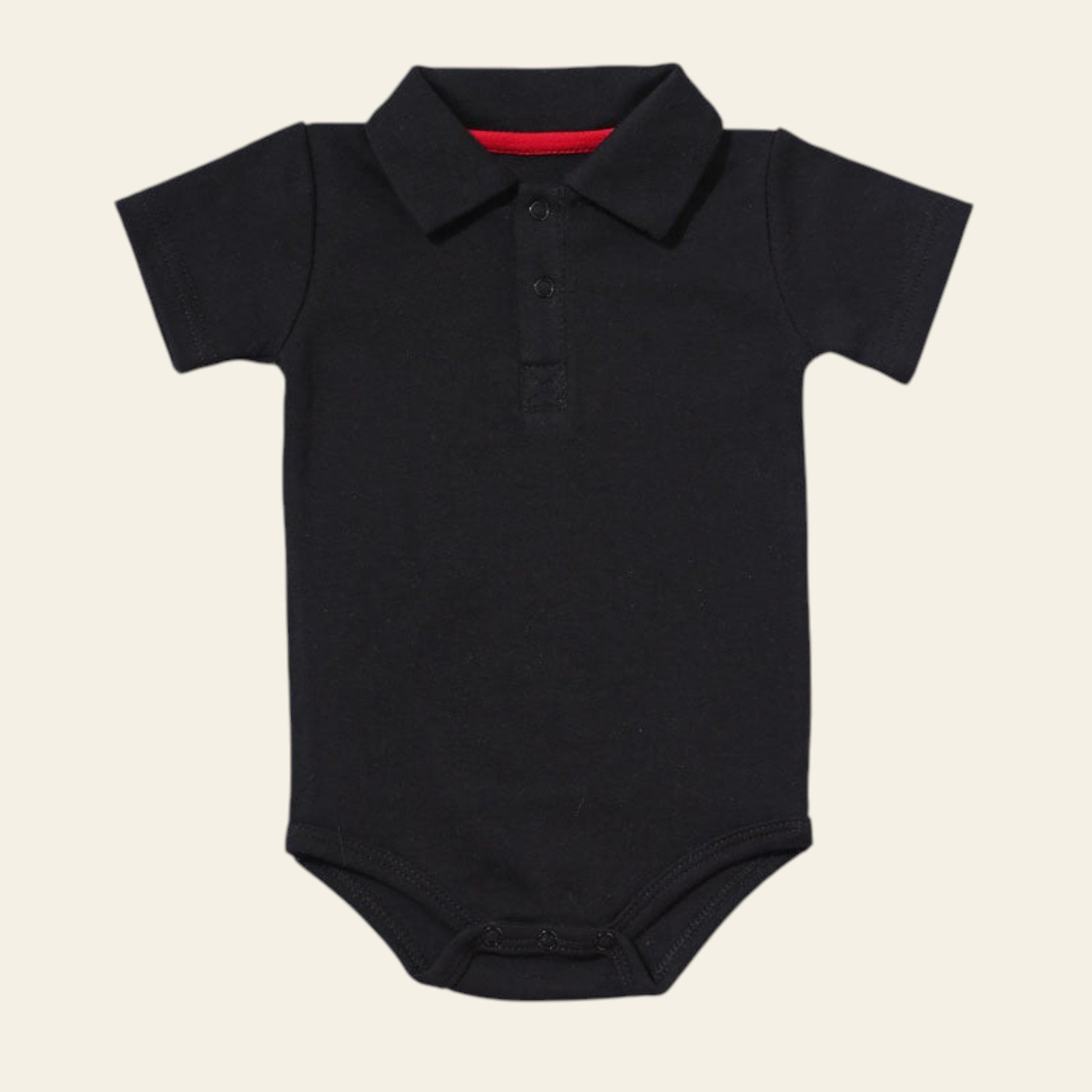 Black baby onesie with a collar on a white background