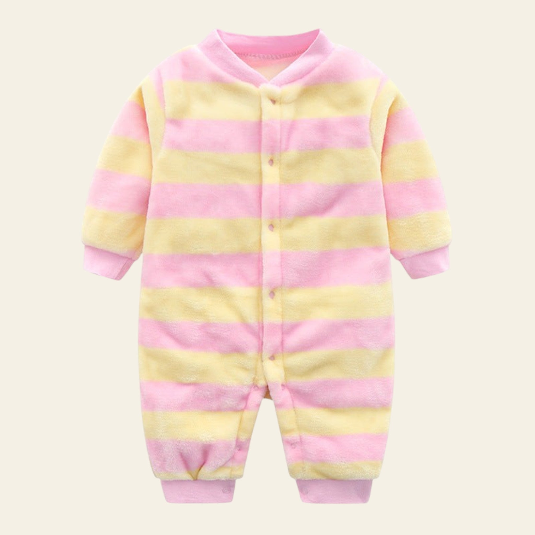 Pink and yellow striped baby onesie on a white background