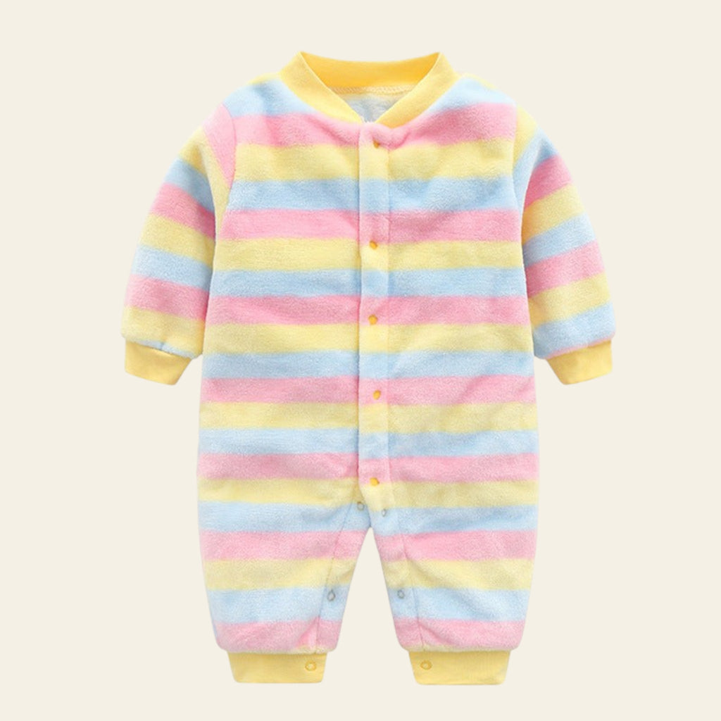 Pastel striped baby onesie on a white background