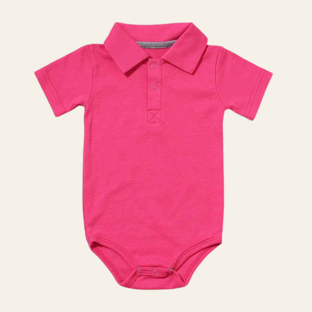 Pink baby onesie with a collar on a white background
