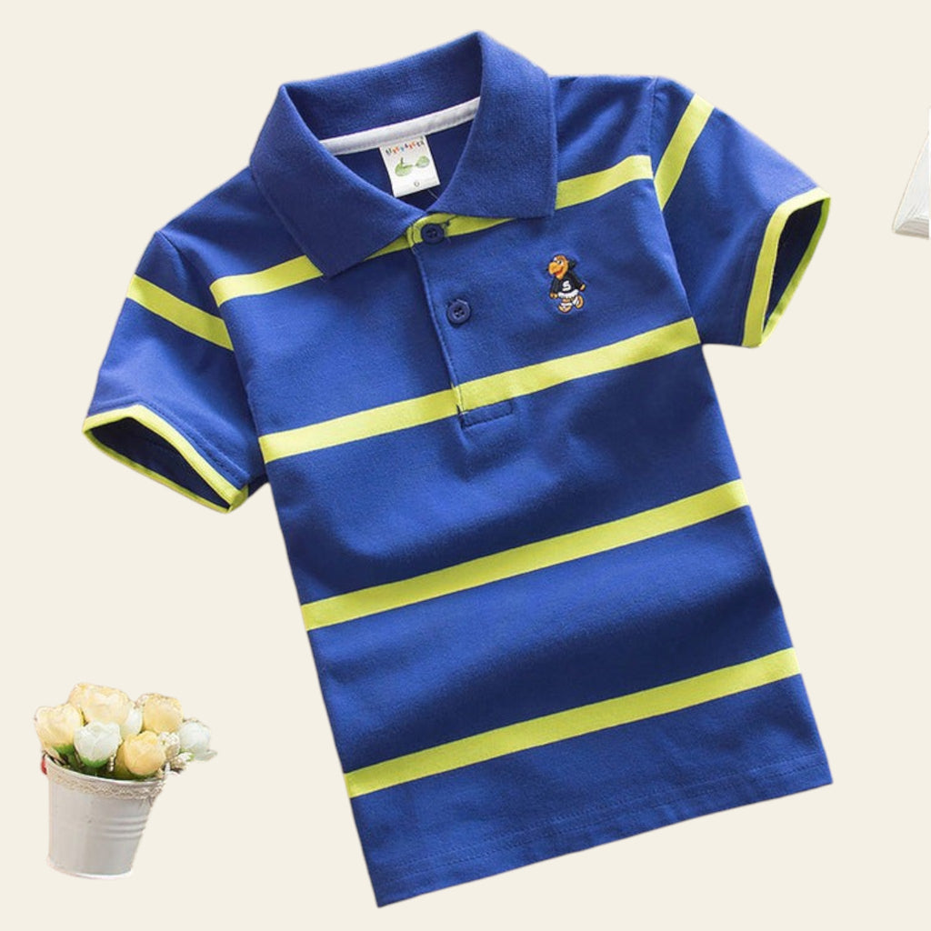 Blue polo shirt with yellow stripes on a beige background