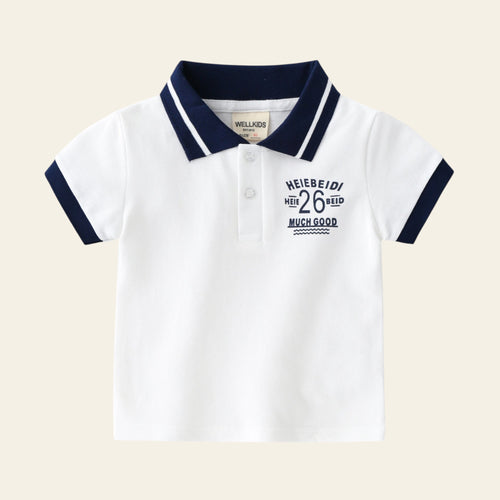White polo shirt with navy accents and text on a light gray background